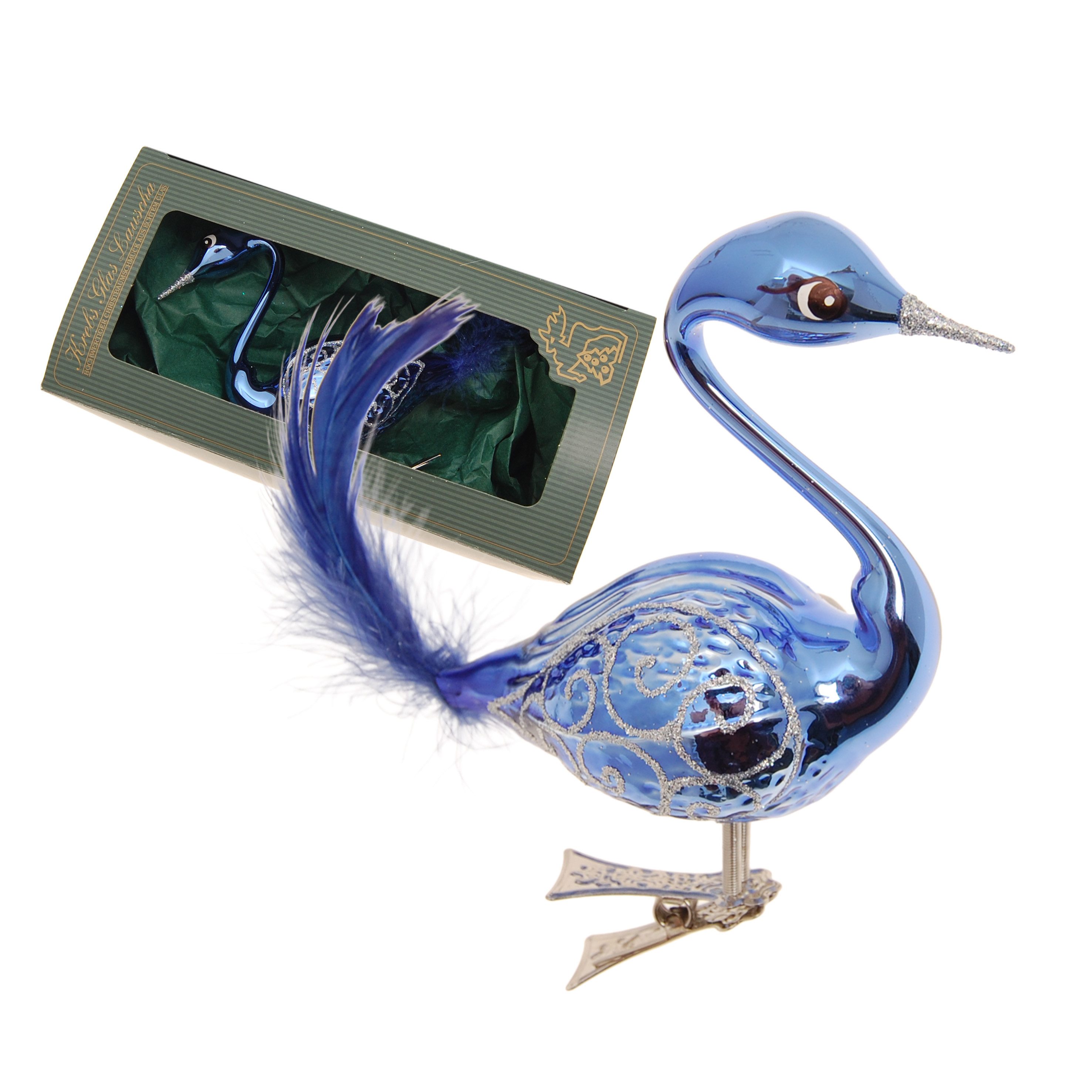 Krebs Glas Lauscha Weihnachtsbaumklammer Glasfigur - Schwan in blau - mit Clip - ca. 9 cm + 5 cm Echtfeder, elegante Dekoration für Baum, Strauch und vieles mehr - Ganzjährig