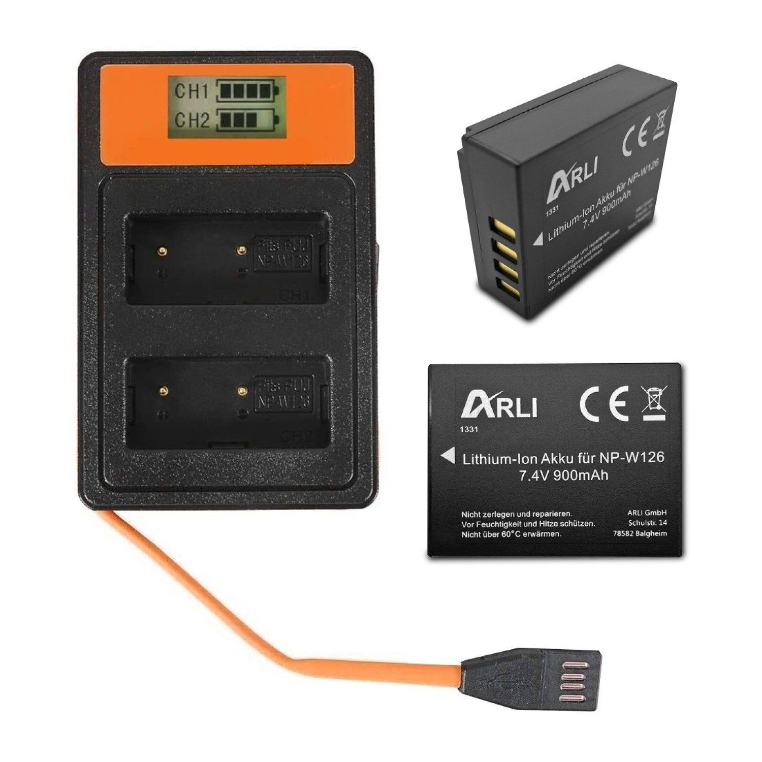 ARLI 2x Akku für Fuji NP-W126S NPW-126 + Smart Dual LCD USB Ladegerät Akku, 100% kompatibel passend Ersatzakku