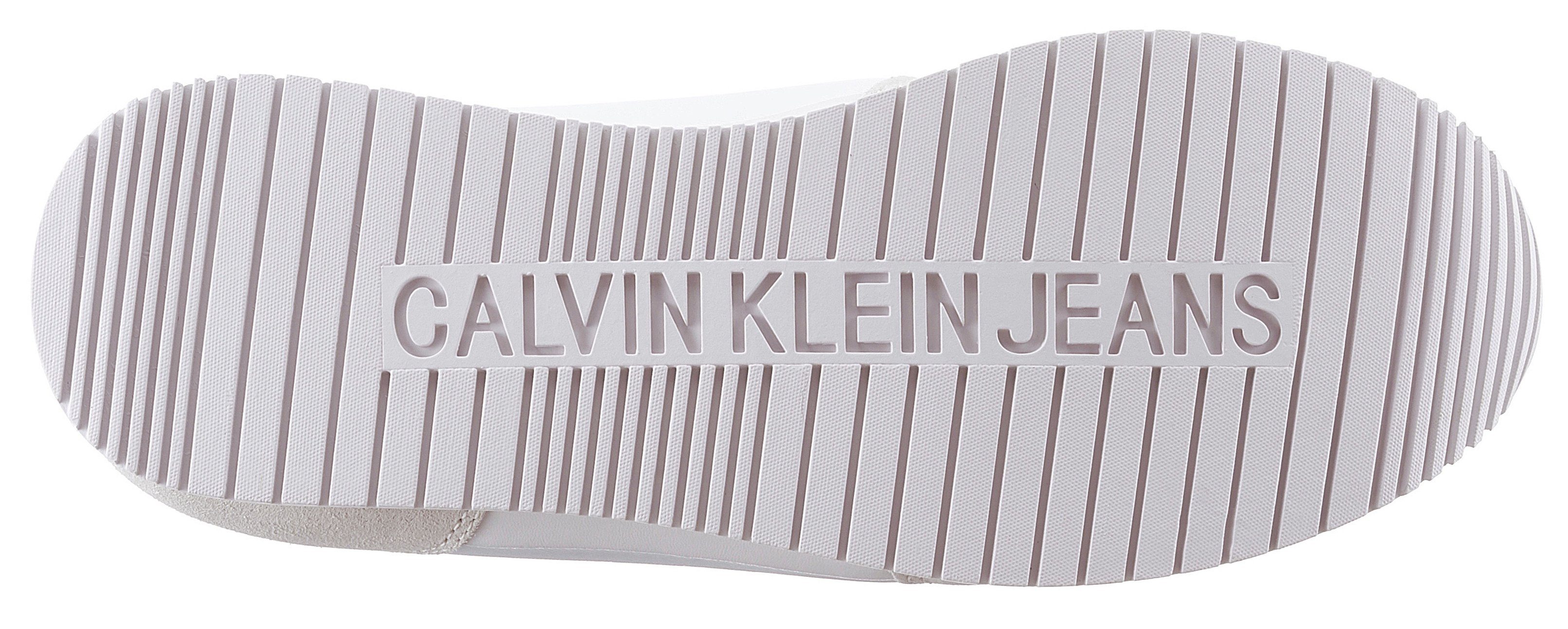 Calvin Klein Slip-On weiß-beige mit Jeans RUNNER aufgesetzer WN SOCK LACEUP NY-LTH Sneaker Schnürung