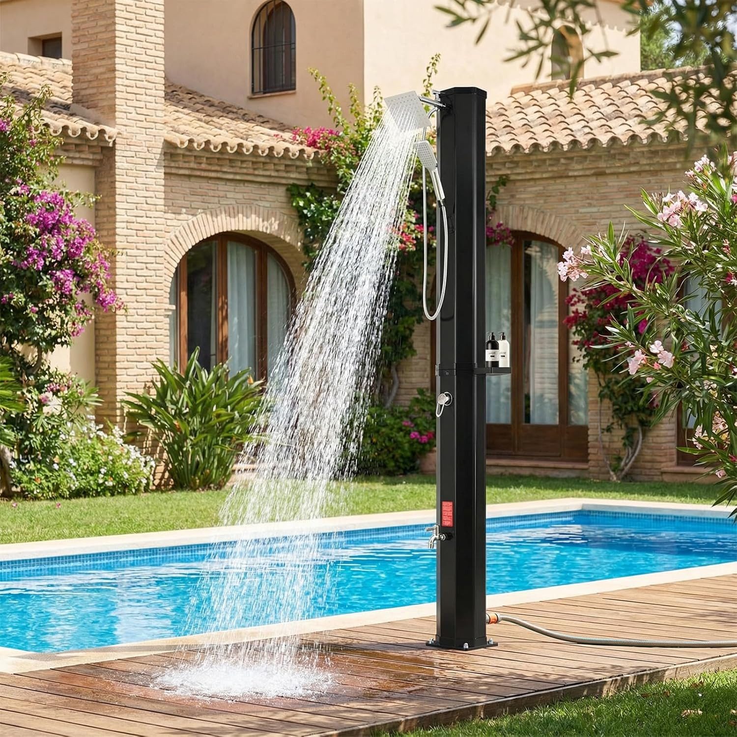 TLGREEN Solardusche Gartendusche Mit Handbrause, 360° Duschkopf & Fußdusche (60L Solar Gartendusche mit Staubschutzhülle + Seifenschale, UV-beständig PVC, bis 60°C Warmwasser ohne Strom), für Garten/Pool/Camping, einfache Installation