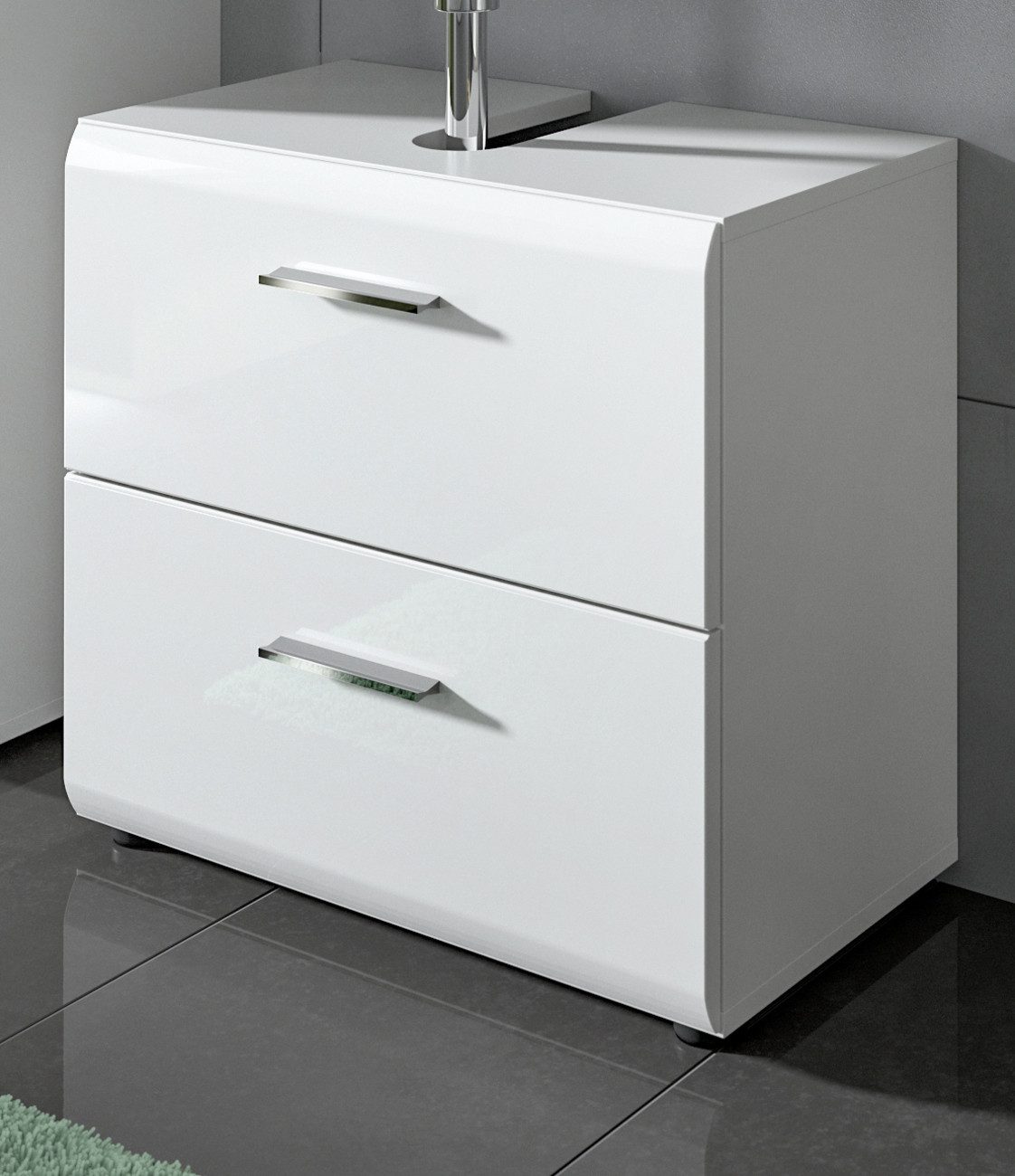 Inn.Furn Waschbeckenunterschrank Cover (Waschtisch Unterschrank in weiß Hochglanz, 60 x 54 cm) mit 2 Vollauszug Schubladen