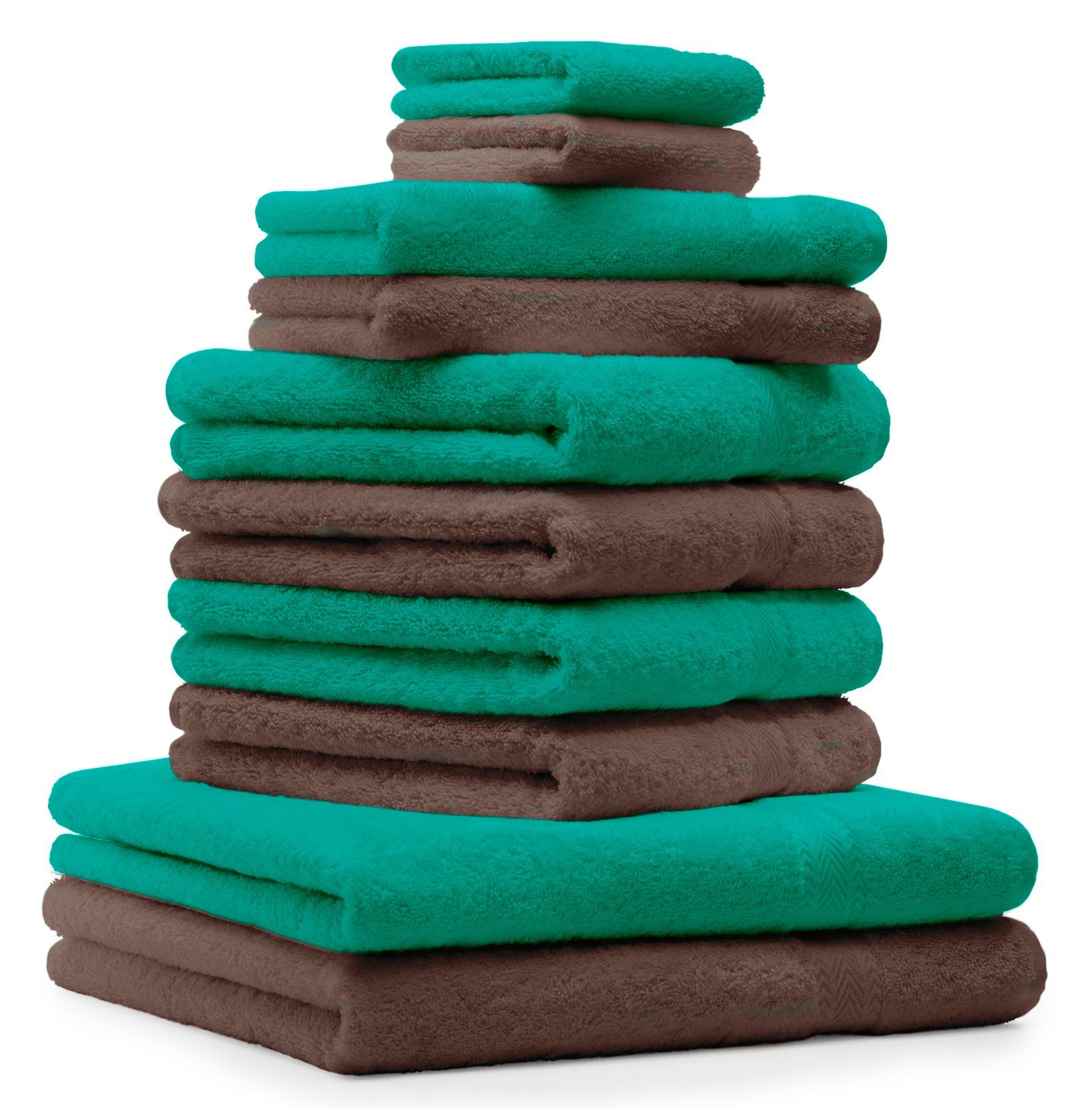 100% 10-TLG. Nussbraun, Set & Premium Smaragdgrün Farbe Handtuch Bauwmolle Betz Handtuch-Set