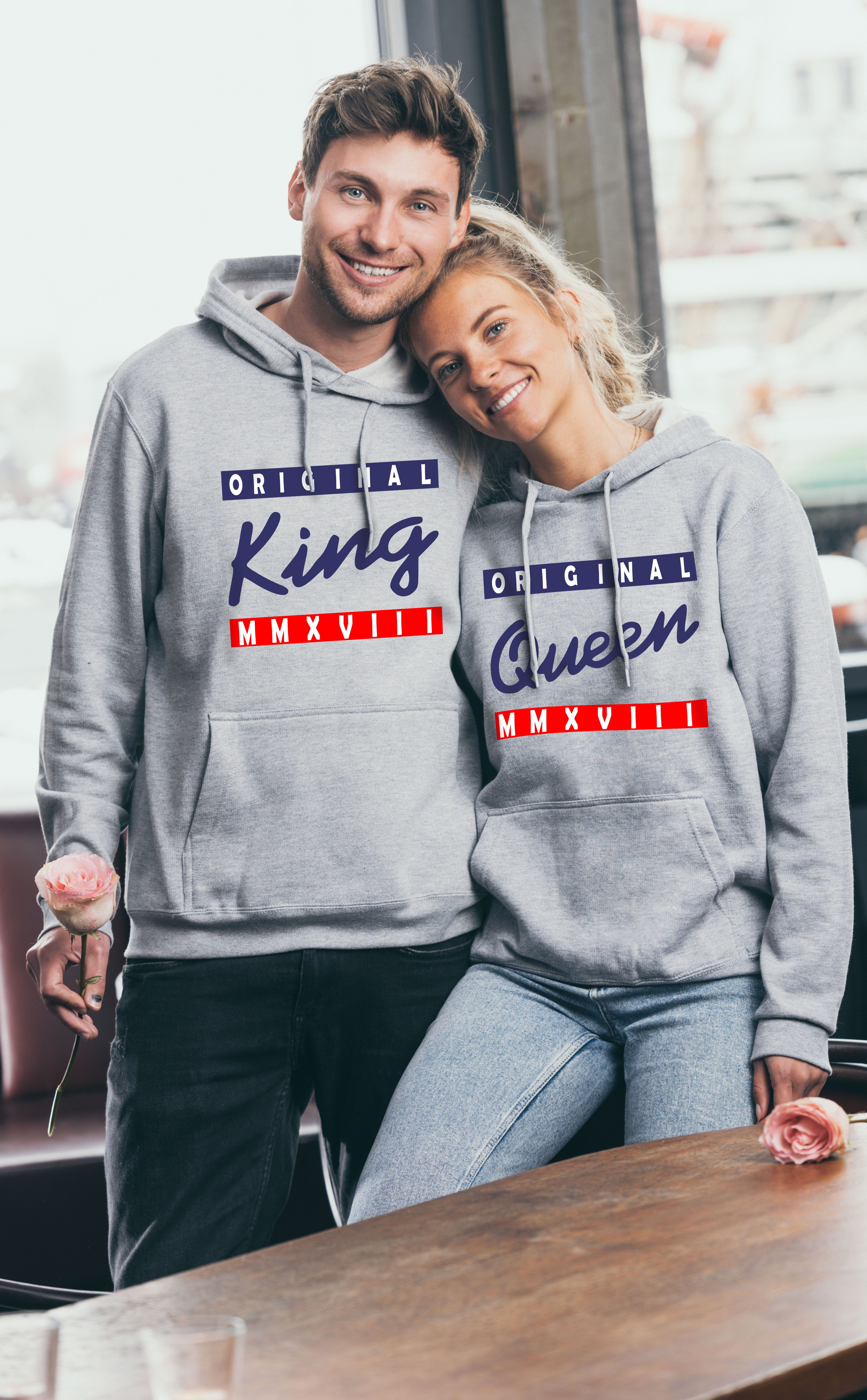 Grau modischem Pullover King Paare für Couples Print Shop Kapuzenpullover Queen Hoodie mit KING & /