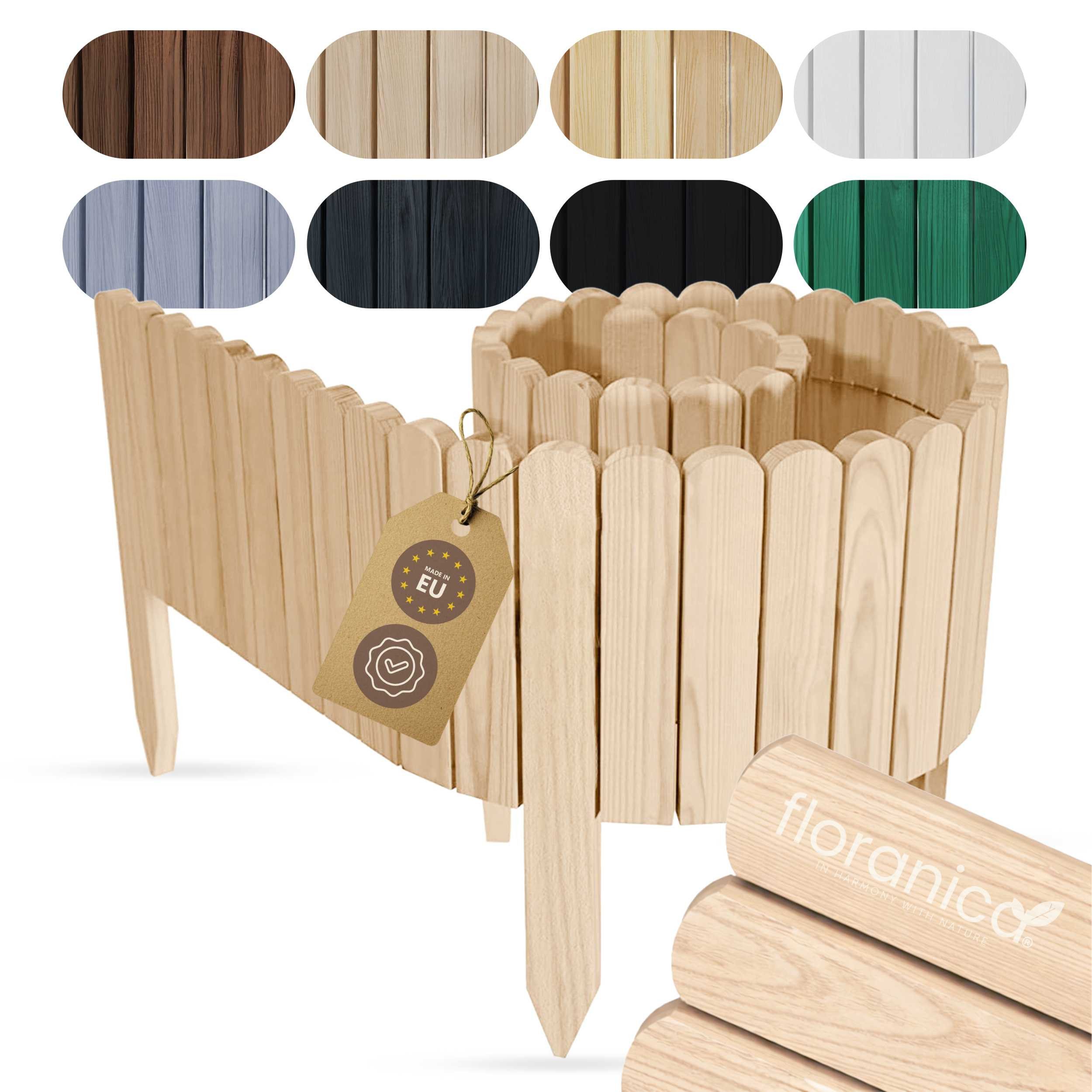 Floranica Palisade Beeteinfassung Beetumrandung Rasenkante Umrandung Flexibler Rollborder, LxH: 200x10 cm, Unbehandelt, Dekozaun Holzzaun Umzäunung Blumenbeeten Garten Beeten Kräutergarten