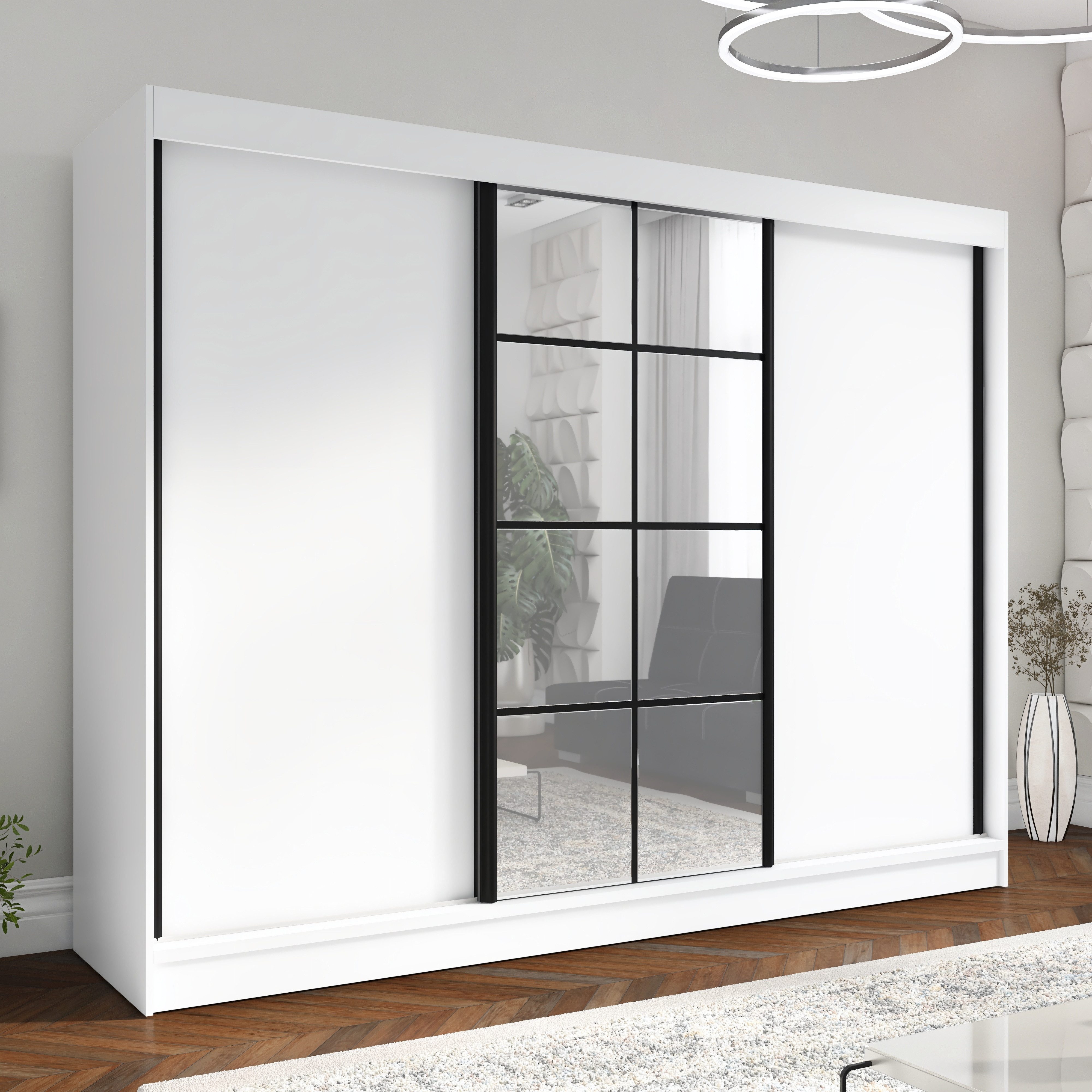 A&J MöbelLand GmbH Schiebetürenschrank ORAVELLE 3-türiger Kleiderschrank mit Spiegel, 4 Schubladen (TOP ANGEBOT! Geräumiger Schrank mit einer Breite von 200 cm und Spiegel, ideal zur Aufbewahrung von Kleidung und Accessoires. 4 Schubladen gratis und viel Stauraum. TOP PRODUKT! Wählen Sie das ideale Modell für Ihr Schlafzimmer!, Gratis 4 Schubladen – Katalogpreis der Schubladen 219 Euro) Breite: 200 cm, Höhe: 215 cm, Tiefe: 59,5 cm