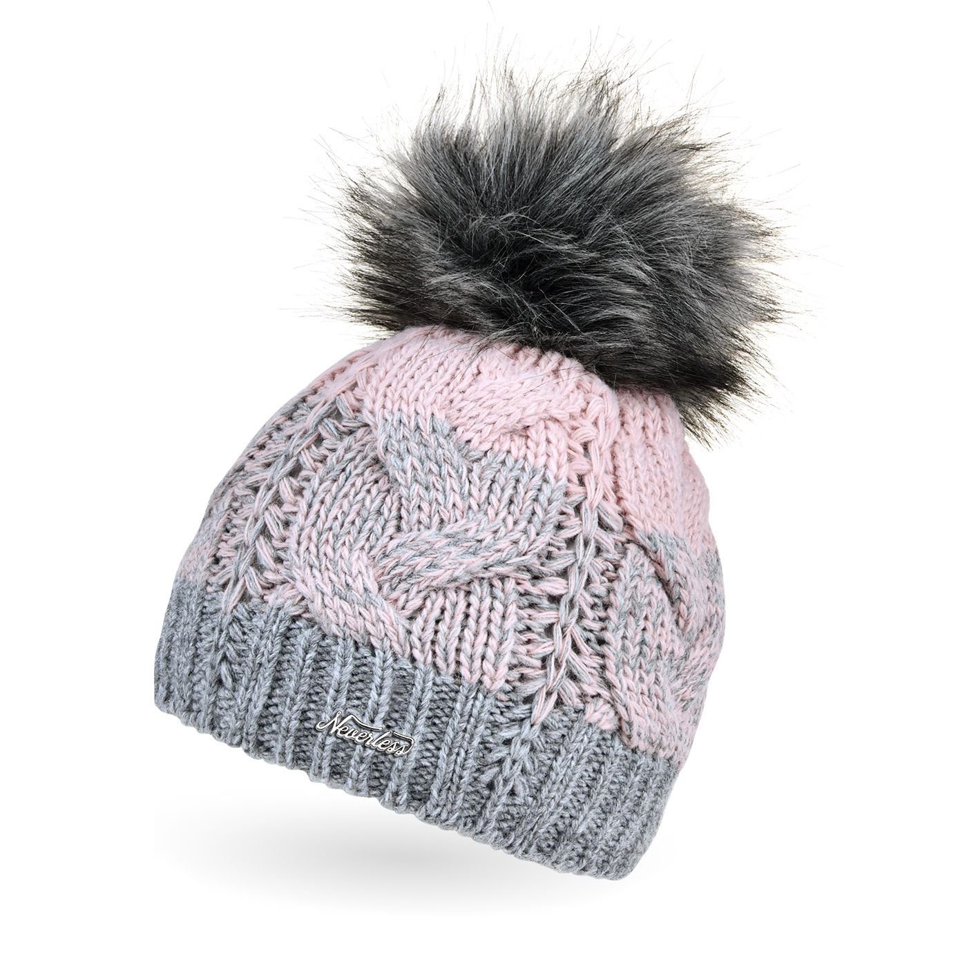Bommelmütze Damen Strick-Mütze gefüttert Fleece-Innenfutter Fell-Bommel Kunstfell