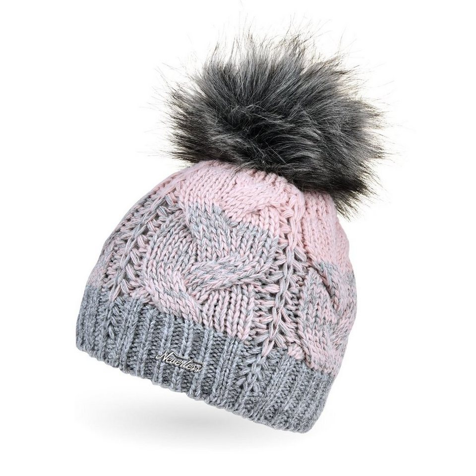 Damen Strick-Mütze gefüttert Fell-Bommel Kunstfell Winter-Mütze Feinstrick mit
