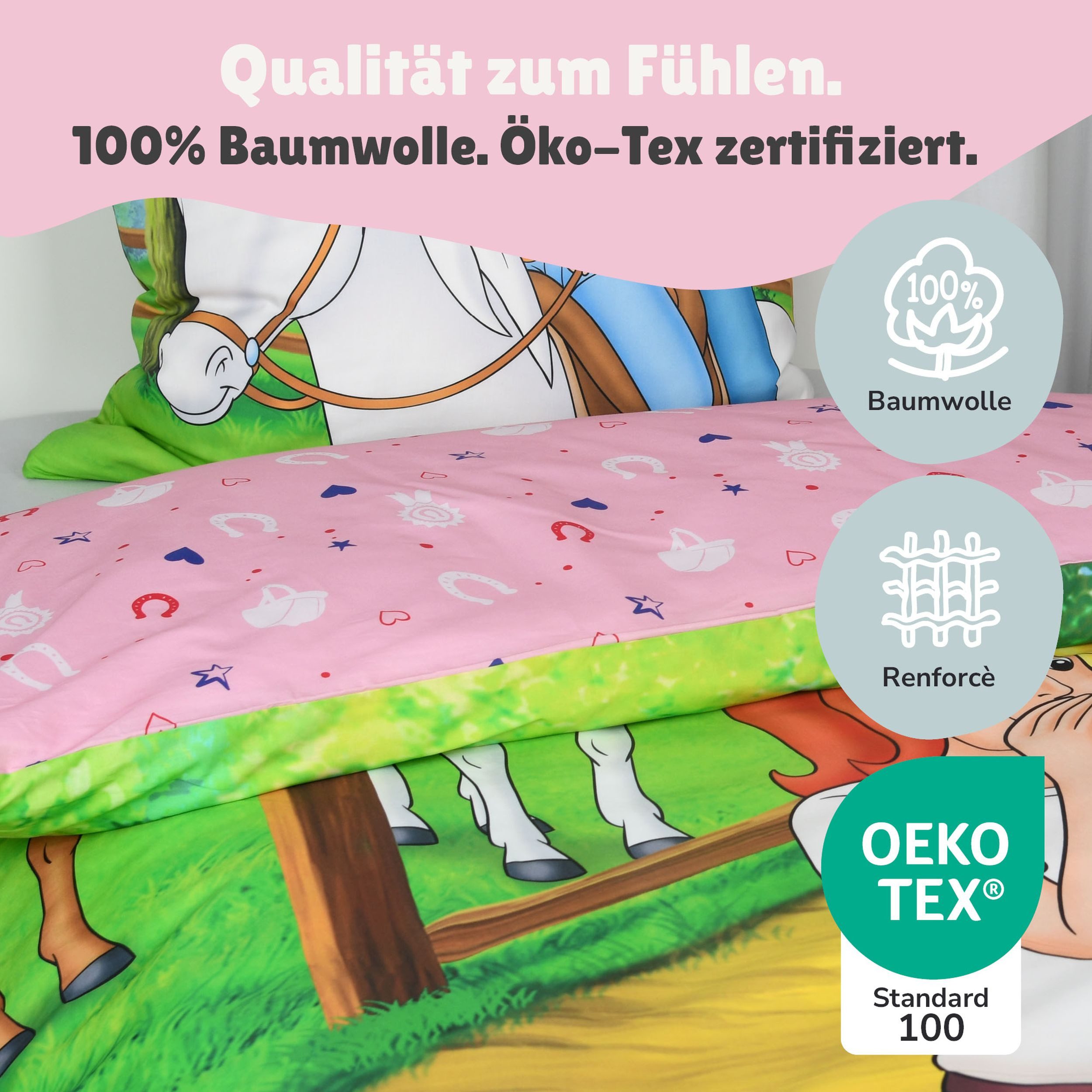 Familando Kinderbettwäsche Bibi und Tina, 100% Baumwolle, Rosa mit Pferden für Mädchen, Renforcé, 2 teilig, 135x200 80x80cm mit Reißverschluss, Wendebettwäsche – Bild 3 von 5