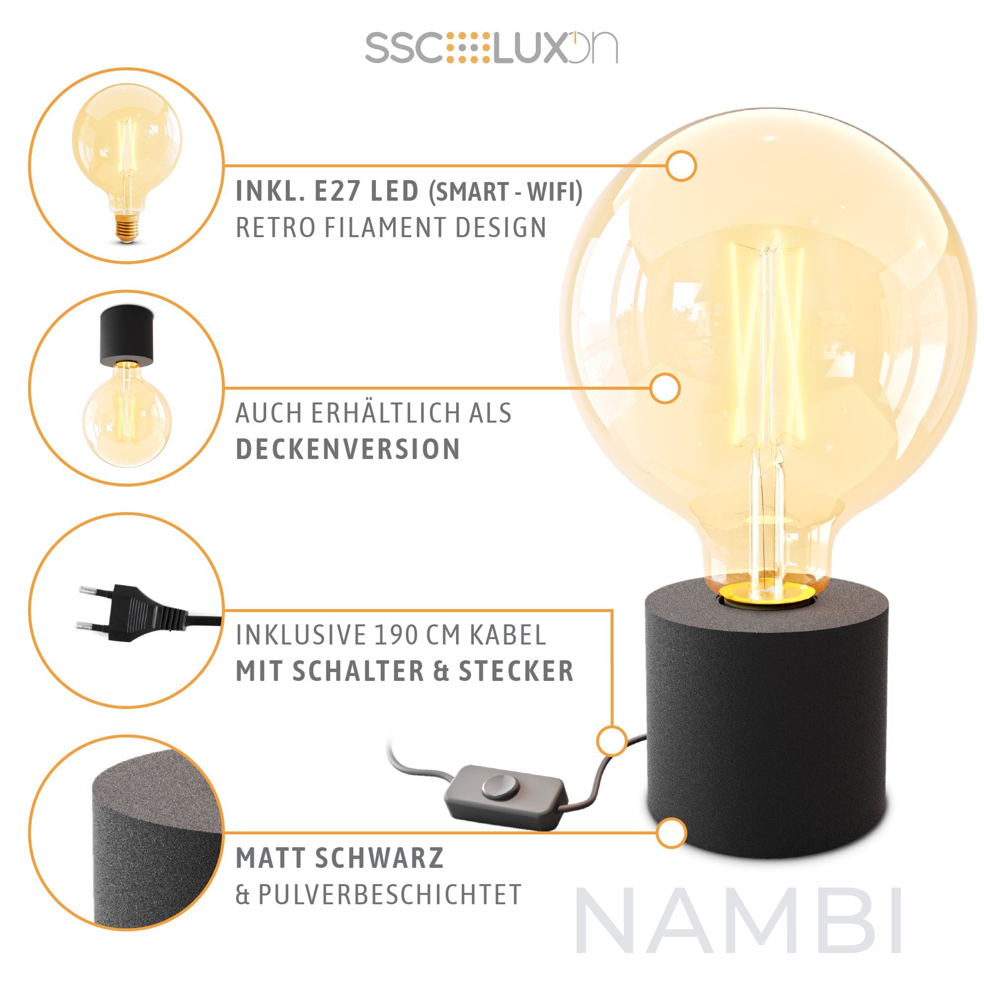 SSC-LUXon LED Bilderleuchte NAMBI Stecker Tageslicht bis Warmweiß Wand- & & schwarz E27, mit Kabel Tischleuchte mit