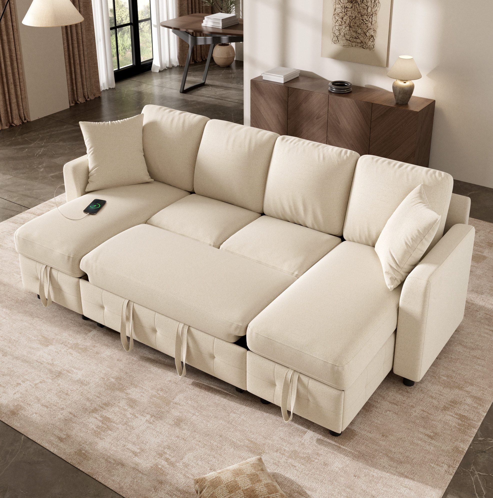 OKWISH Sofa Schlafsofa, U-Form Loungesofa 260x128x82 cm aus Chenille, Ecksofa mit Ausziehfunktion, 2 Stauraum-Chaiselongues, USB- und Type-C-Ladeanschluss inklusive Kissen