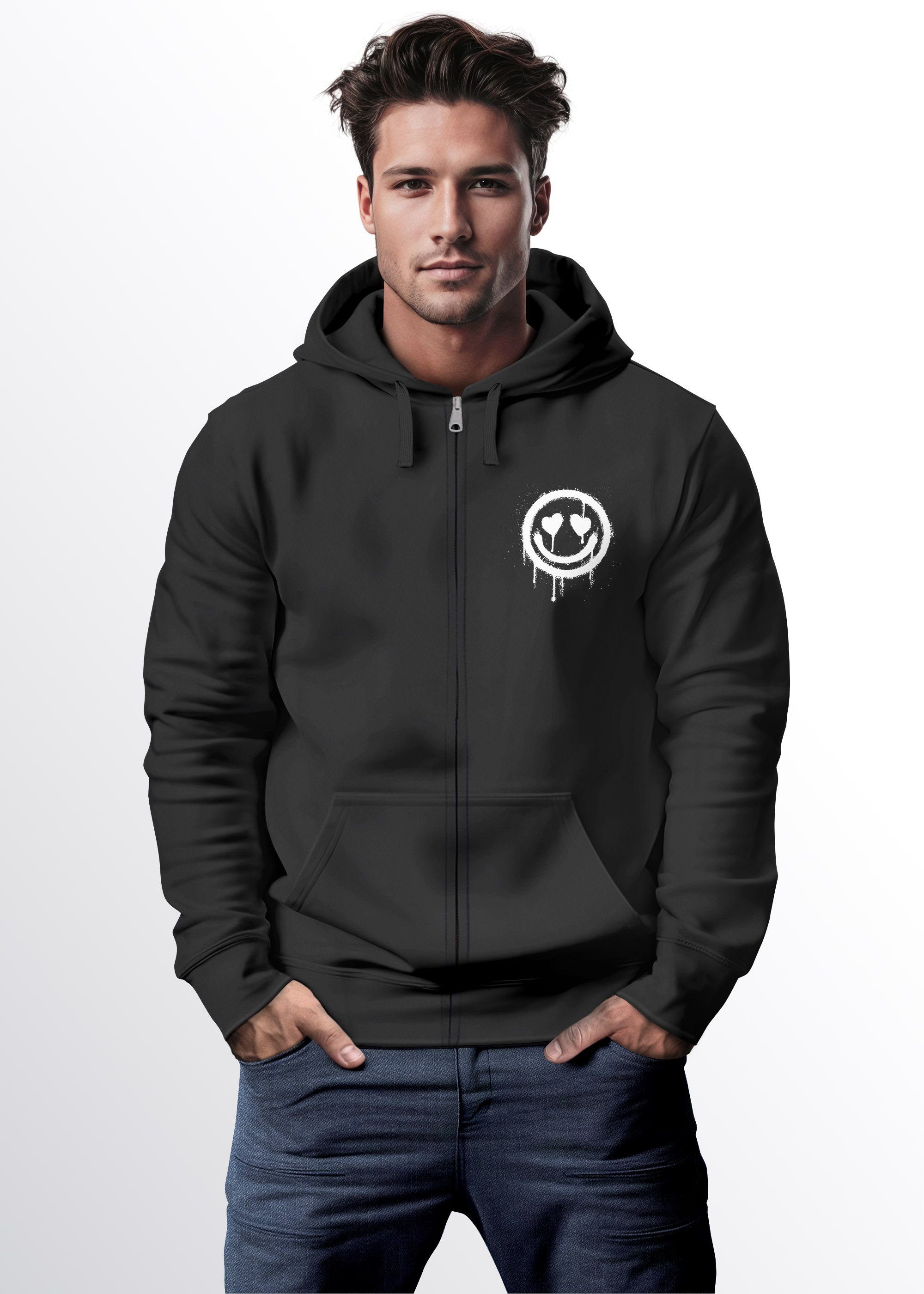 Neverless Sweatjacke Sweatjacke Herren schwarz Smile Face Zip-Hoodie mit Aufdruck Kapuze Drip Print