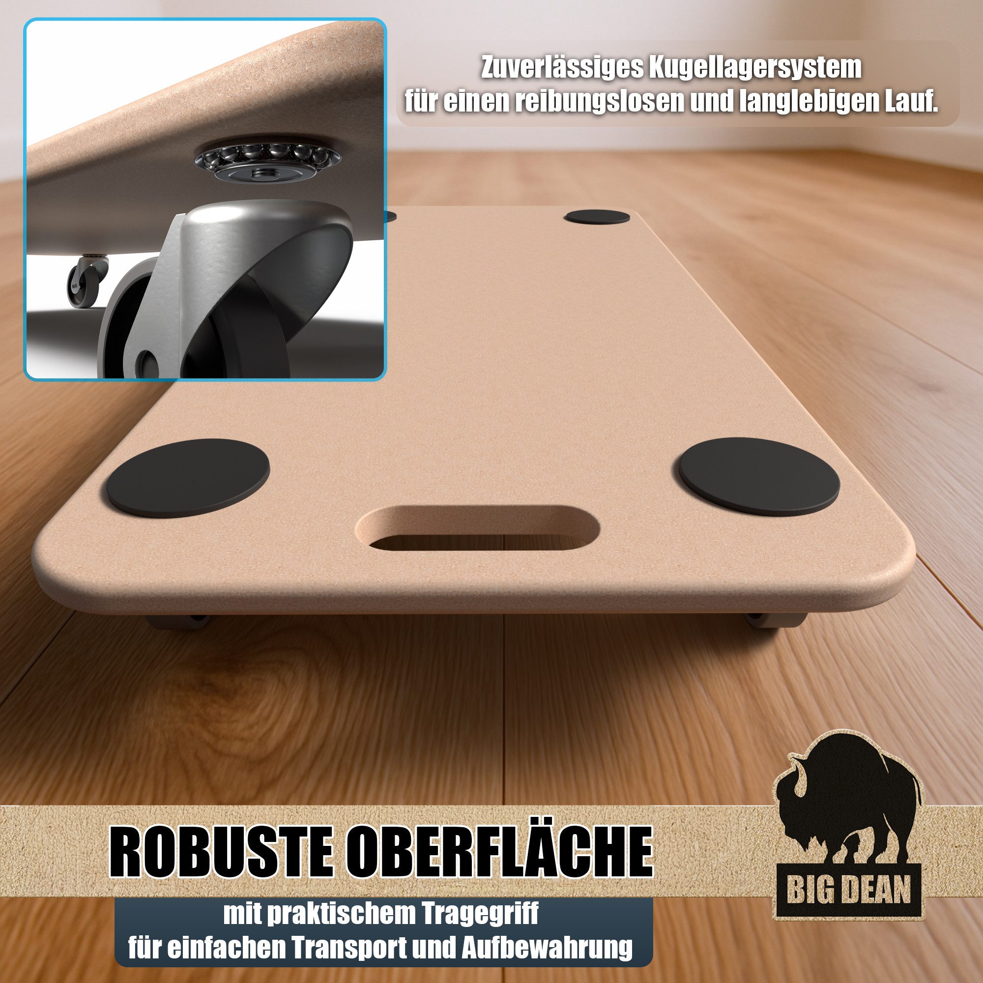 BigDean Schwerlastrolle Materialtransporter 250kg Schwerlast Möbelroller, (Set, 1-St., Möbelroller), Möbelhund, Möbelroller, MDF-Natur, Antirutschpads, Sanfte T – Bild 5 von 5