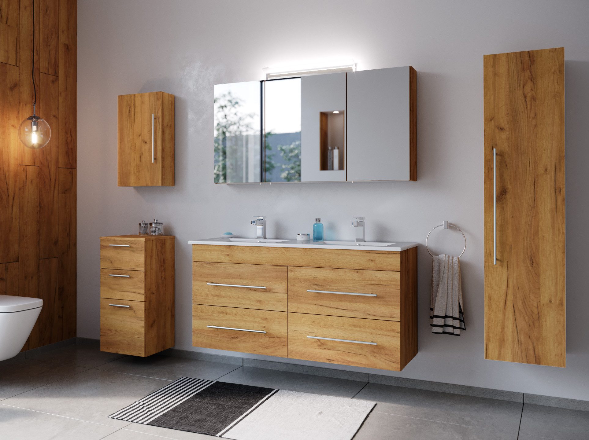 Magnolia Home Waschtisch Badmöbelset Helios 5-teilig Spiegelschrank Hoch- Seiten- Midischrank e