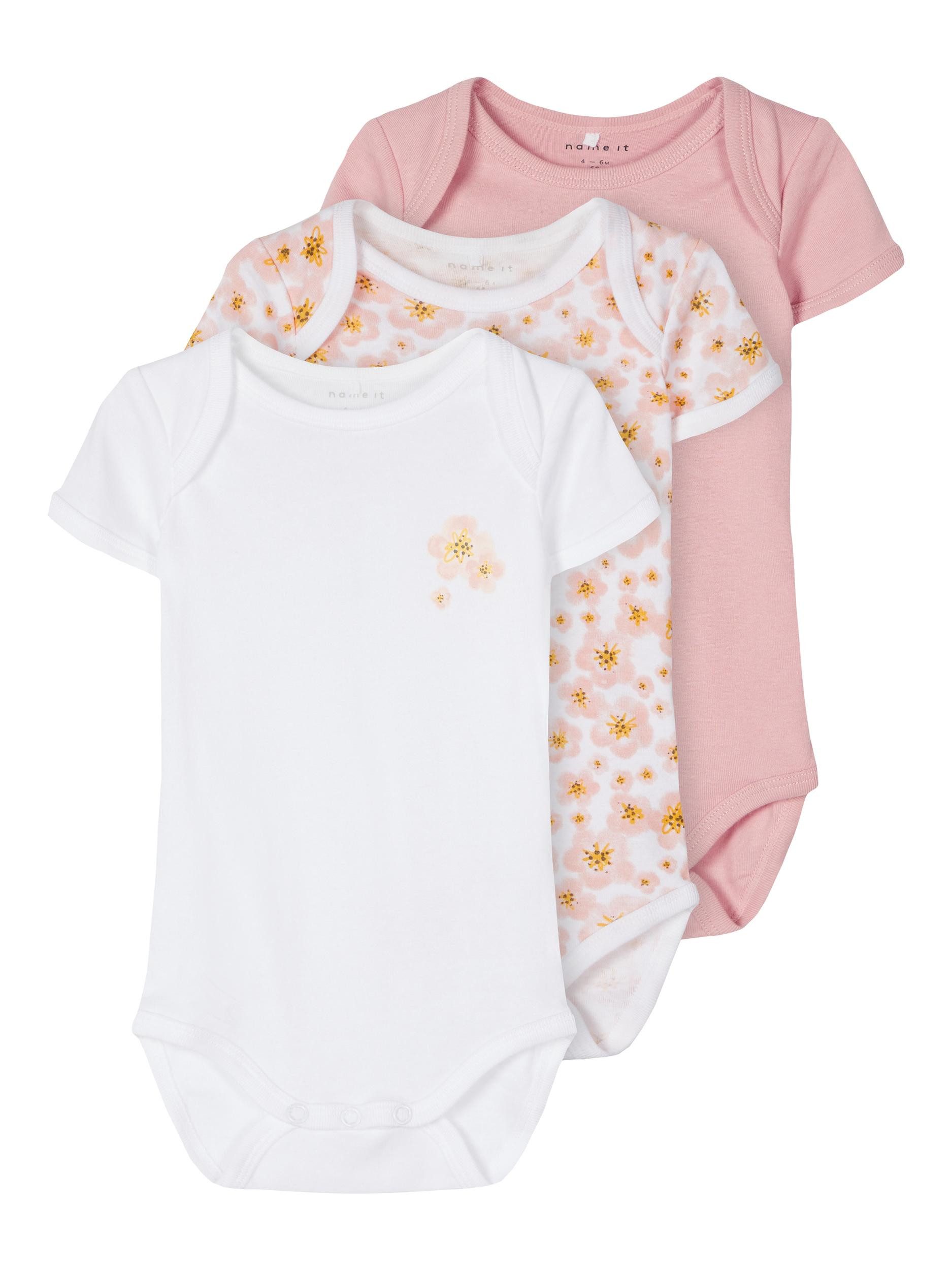 Name It Kurzarmbody Mädchen 3er-Pack Baby Bodys Silver Pink-56 (Packung, 3-tlg., 3er-Pack) mit Druckknöpfen im Schritt