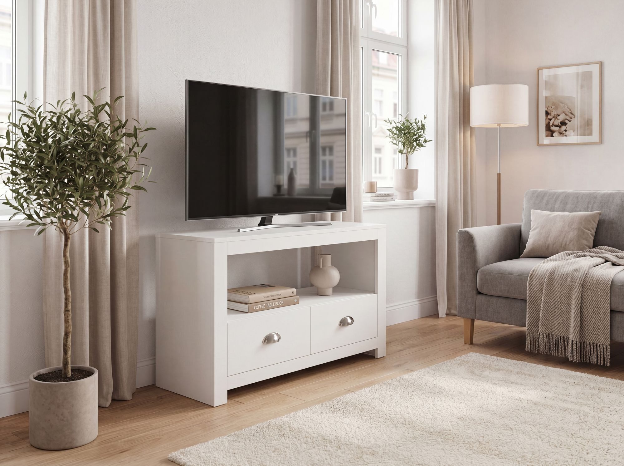 FineBuy Lowboard TV Möbel Weiß 85cm - Kompaktes TV Board mit zwei Schubladen - Fernsehunterschrank mit offenem Fach - Platzsparende Fernsehkommode - Fernsehschr – Bild 4 von 5