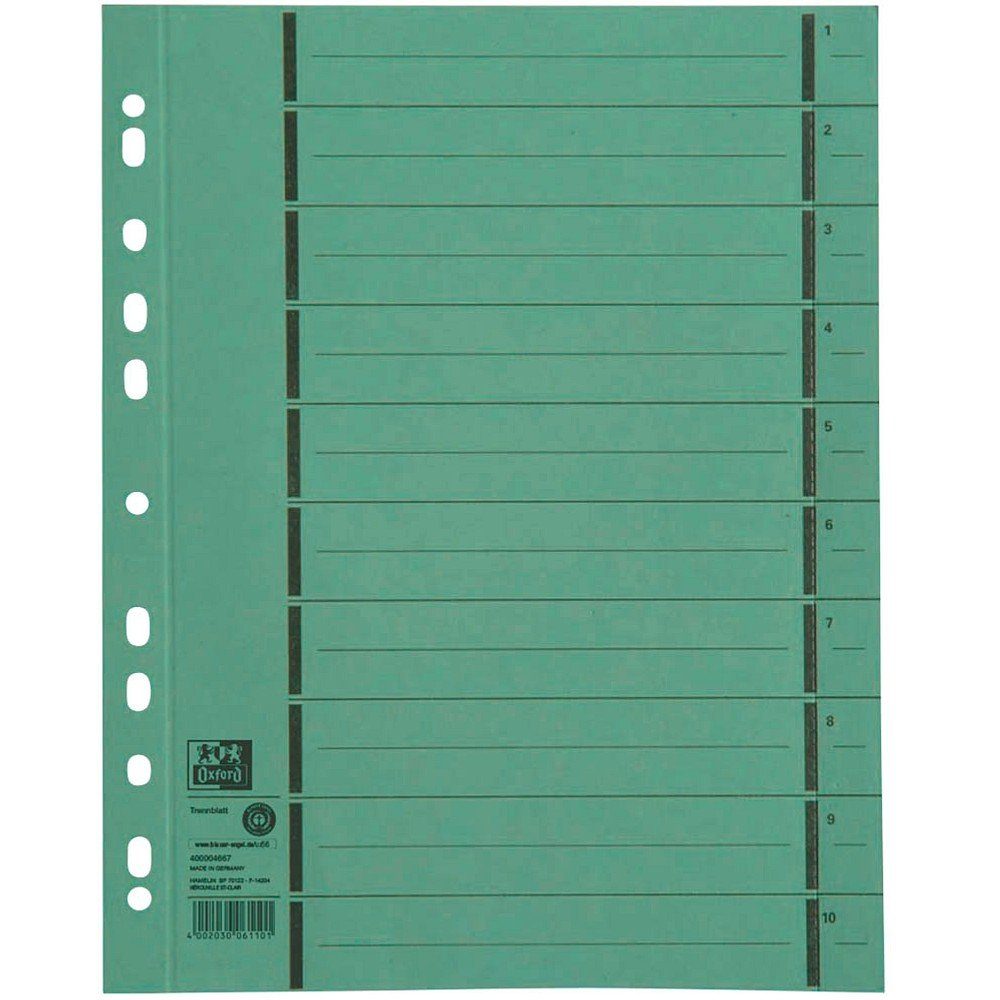 OXFORD Aktenordner 100 Trennblätter 1-10 liniert Kraftkarton A4 grün