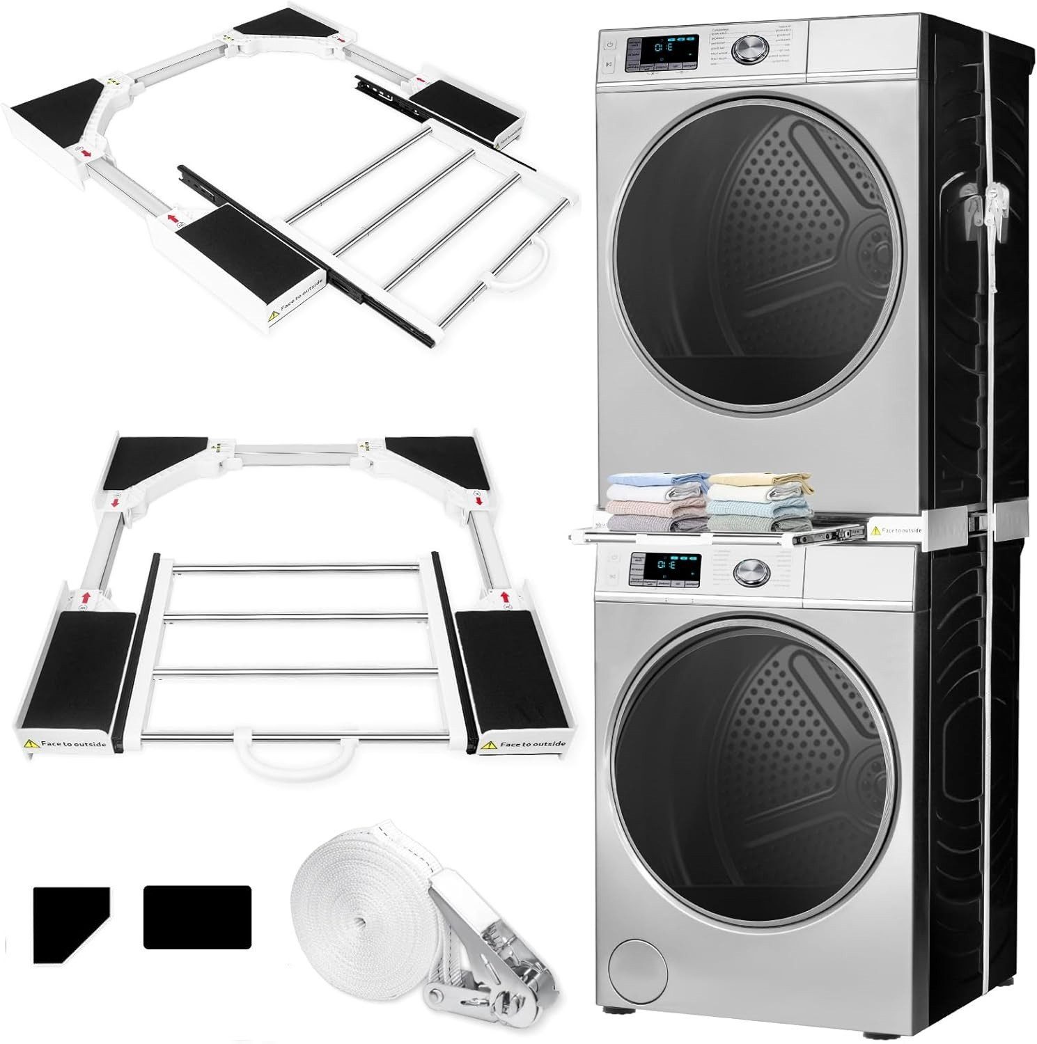BBG Zwischenbaurahmen Verstellbarer Waschmaschinen-Zwischenbaurahmen aus Edelstahl 54–73 cm (1-St., universell kompatibler Verbindungsrahmen), für Waschmaschine & Trockner, stabile Stapelhilfe mit Klicksystem