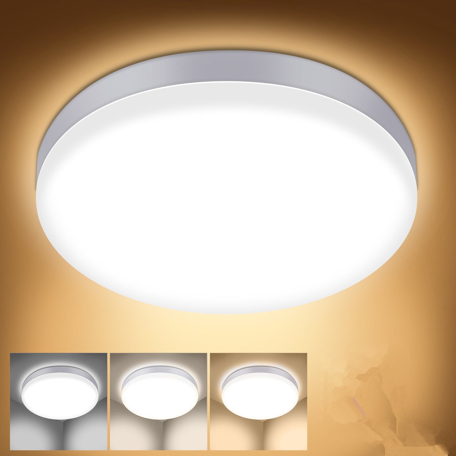 Insma LED Deckenleuchte 36W LED Deckenlampe Ø30cm, LED fest integriert, 3 Lichtmodi, 3000K-6500K IP54 Für Wohnzimmer, Bad, Küche | Deckenlampen