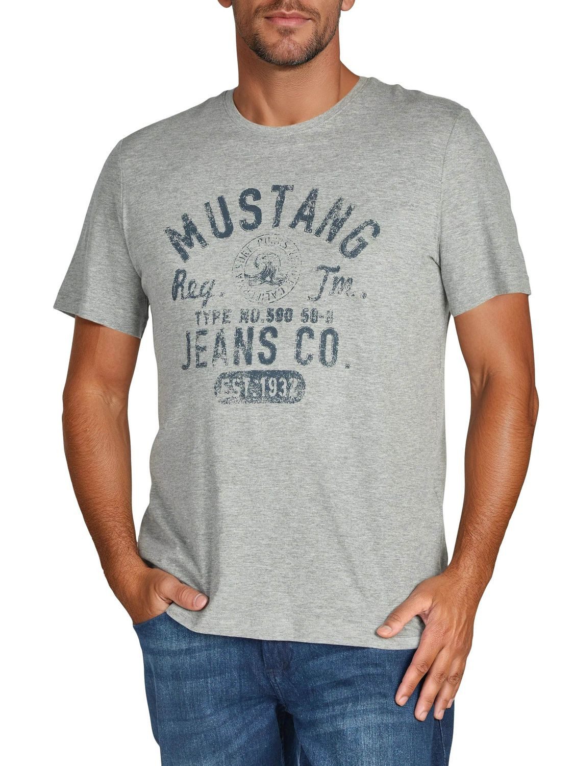 MUSTANG T-Shirt Herren Printshirt Regular Fit (1-tlg) Kurzarm Tee Shirt mit Rundhalsausschnitt aus 100% Baumwolle