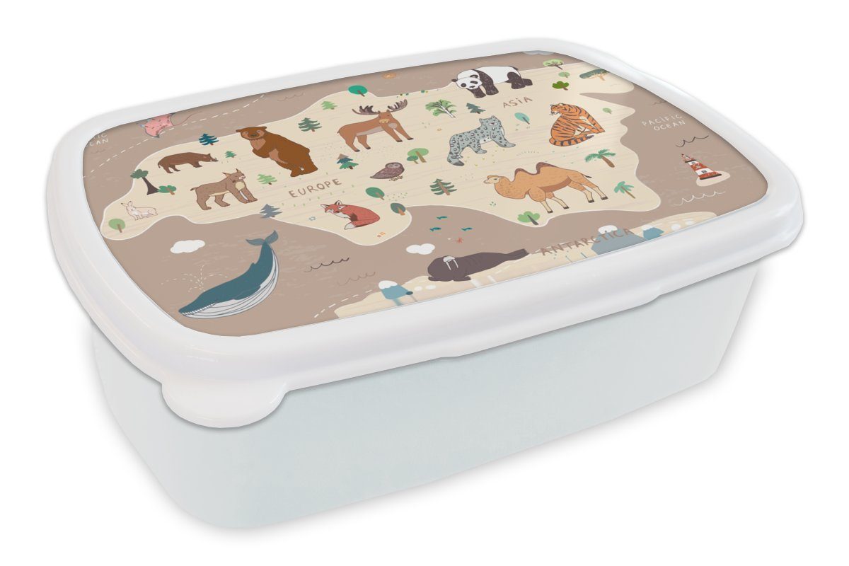 MuchoWow Lunchbox Weltkarte - Braun - Tiere - Jungen - Mädchen, Kunststoff, (2-tlg), Brotbox für Kinder und Erwachsene, Brotdose, für Jungs und Mädchen weiß | Lunchboxen