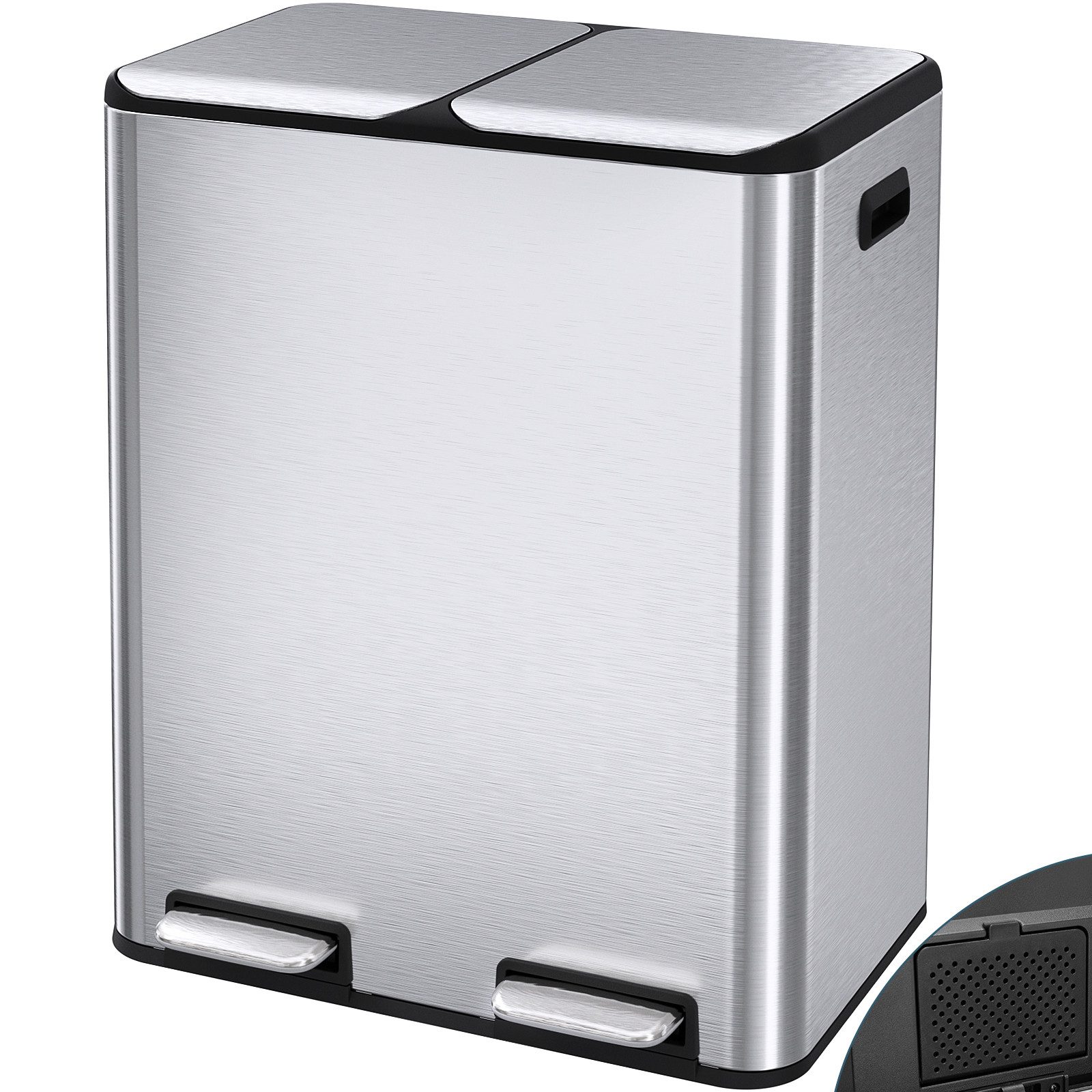 TLGREEN Mülleimer 2 Fächer, 2 x 30 Liter Treteimer mit Geruchsfilter, Metall Mülltrennsystem für Küche Büro, Abfalleimer, Abfallbehälter