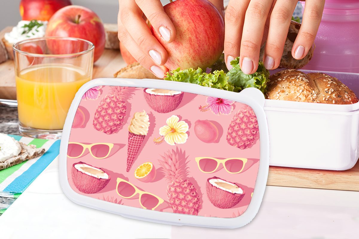MuchoWow Brotdose, (2-tlg), und weiß Erwachsene, Brotbox Mädchen Kinder Jungs für Rosa, Lunchbox für - - und Kunststoff, Sommer Muster