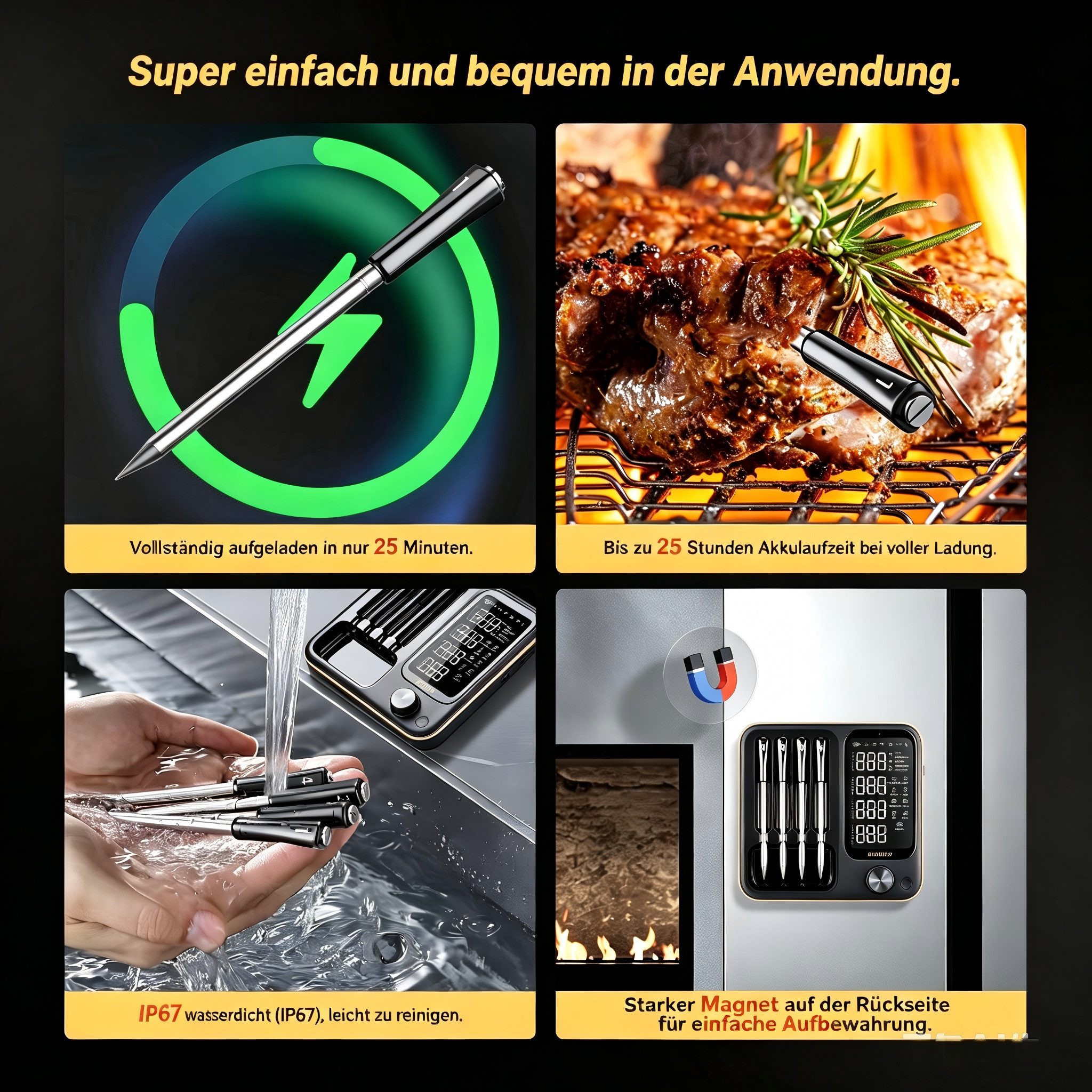 INKBIRD Grillthermometer Kabelloses Fleischthermometer für Ofen, Grill & Smoker, 3 Betriebsmodi, 4 kabellose Sonden, hohe Genauigkeit, IP67 wasserdicht – Bild 4 von 5