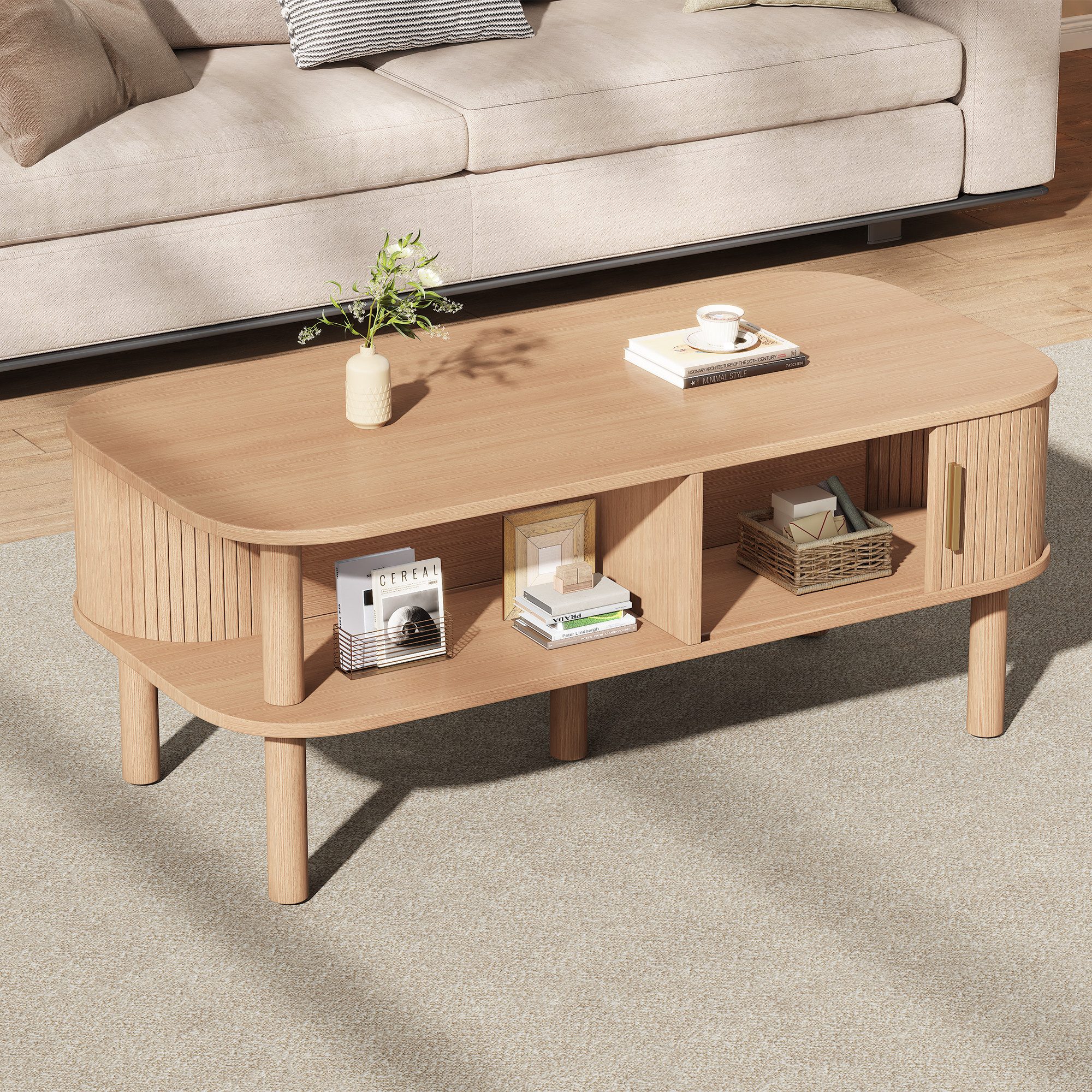 Merax Couchtisch in Holzoptik, Skandinavischer Beistelltisch Satztisch (1-St), Wohnzimmertisch mit Schiebetür, Stauraum & Holzbeinen, 110×55×45cm