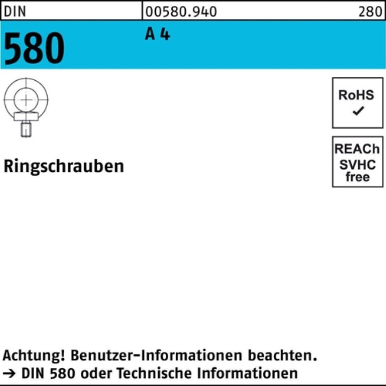 Reyher Schraube 100er Pack Ringschraube 1 Stück 4 DIN 580 4 580 A DIN A M20 Ringschra