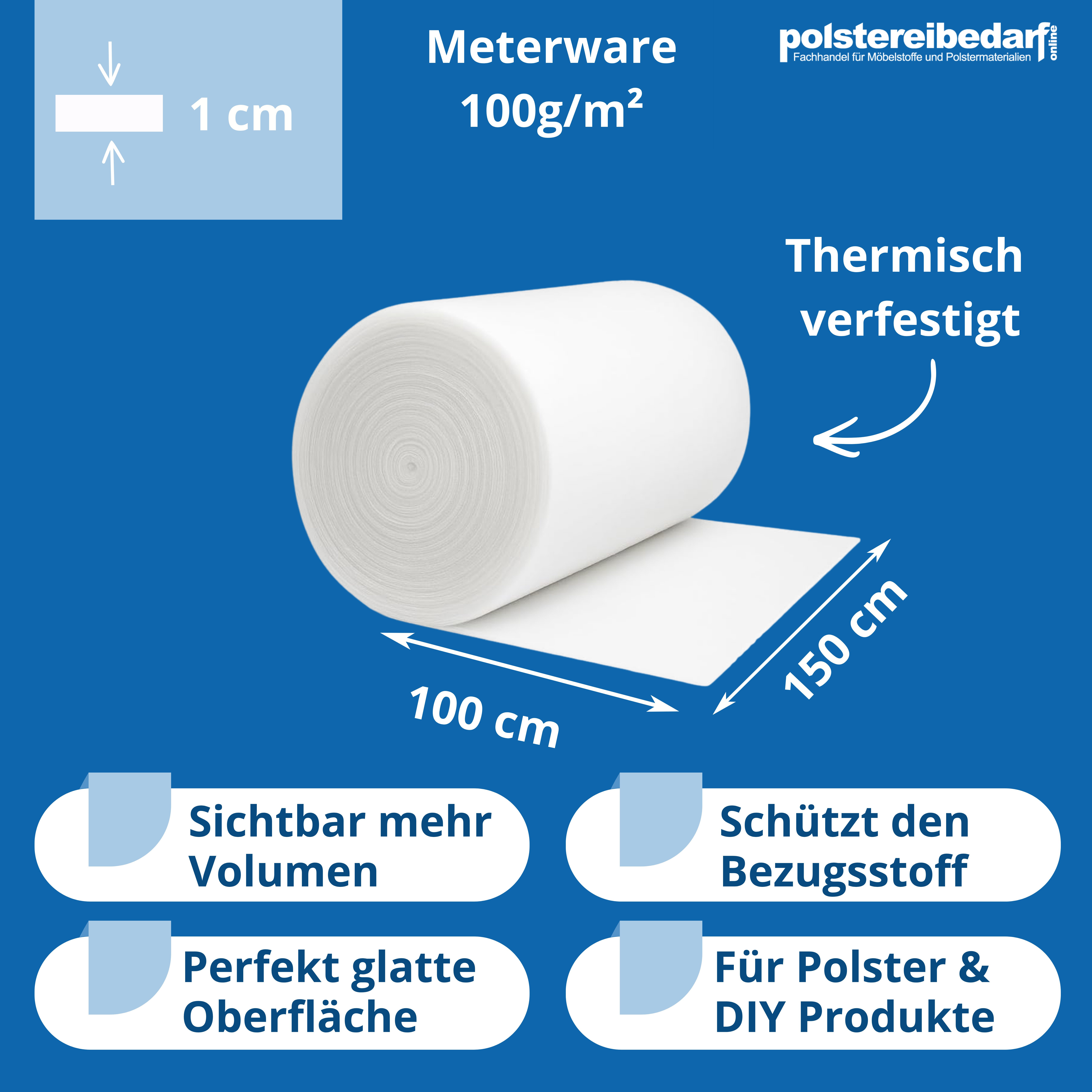 Heiro Stoff Polster Vlies Watte Weiß 150cm breit 100 g/m² Meterware, Meterware - Breite: 150