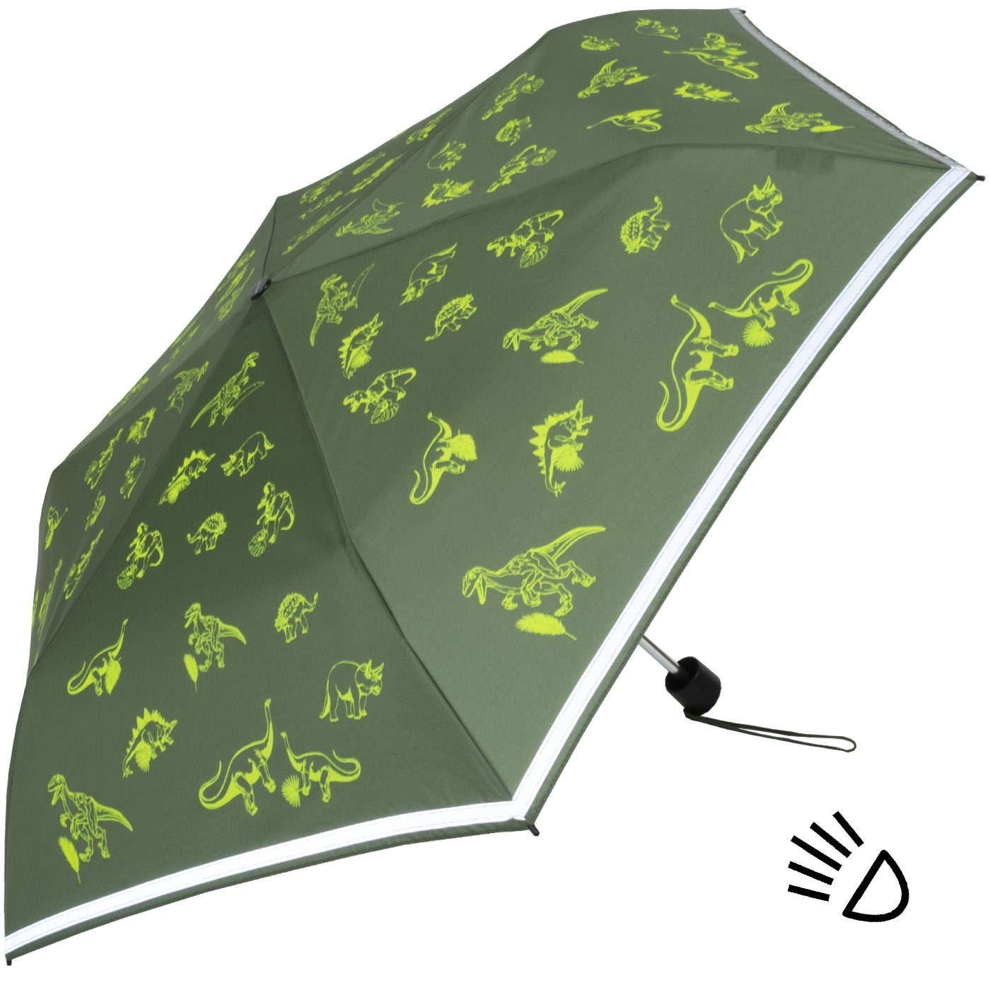 Knirps® Taschenregenschirm Kinderschirm 4Kids reflective mit Reflexborte, Sicherheit auf dem Schulweg, fluoreszierende Dinos – Bild 5 von 5