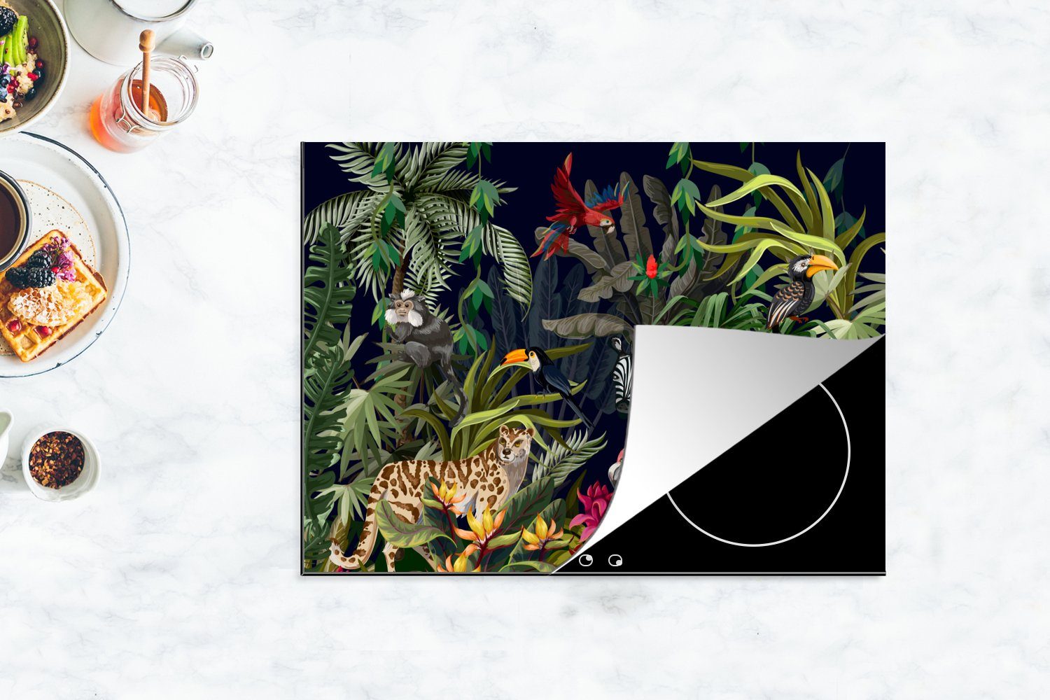 MuchoWow Herdblende-/Abdeckplatte Dschungeltiere - - Natur nutzbar, Vinyl, Zebra, Jungen Arbeitsfläche - 70x52 - cm, Mädchen (1 Flamingo tlg), Ceranfeldabdeckung - Mobile