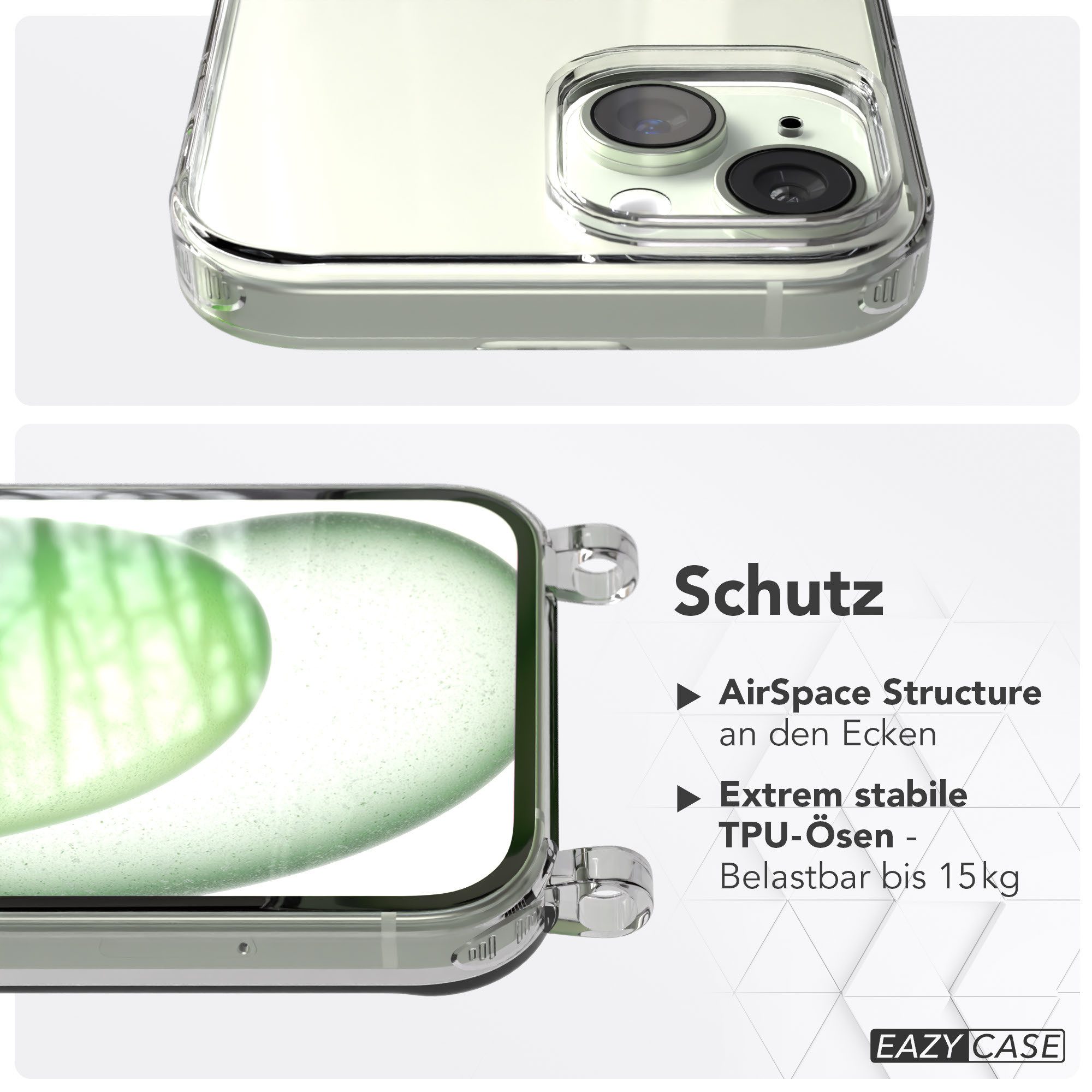 EAZY CASE Handykette Handyhülle für Handyketten mit Befestigungsösen für iPhone Modelle 6,1 Zoll, Hülle für Handykette, Transparent mit Ösen für Apple iPhone 15