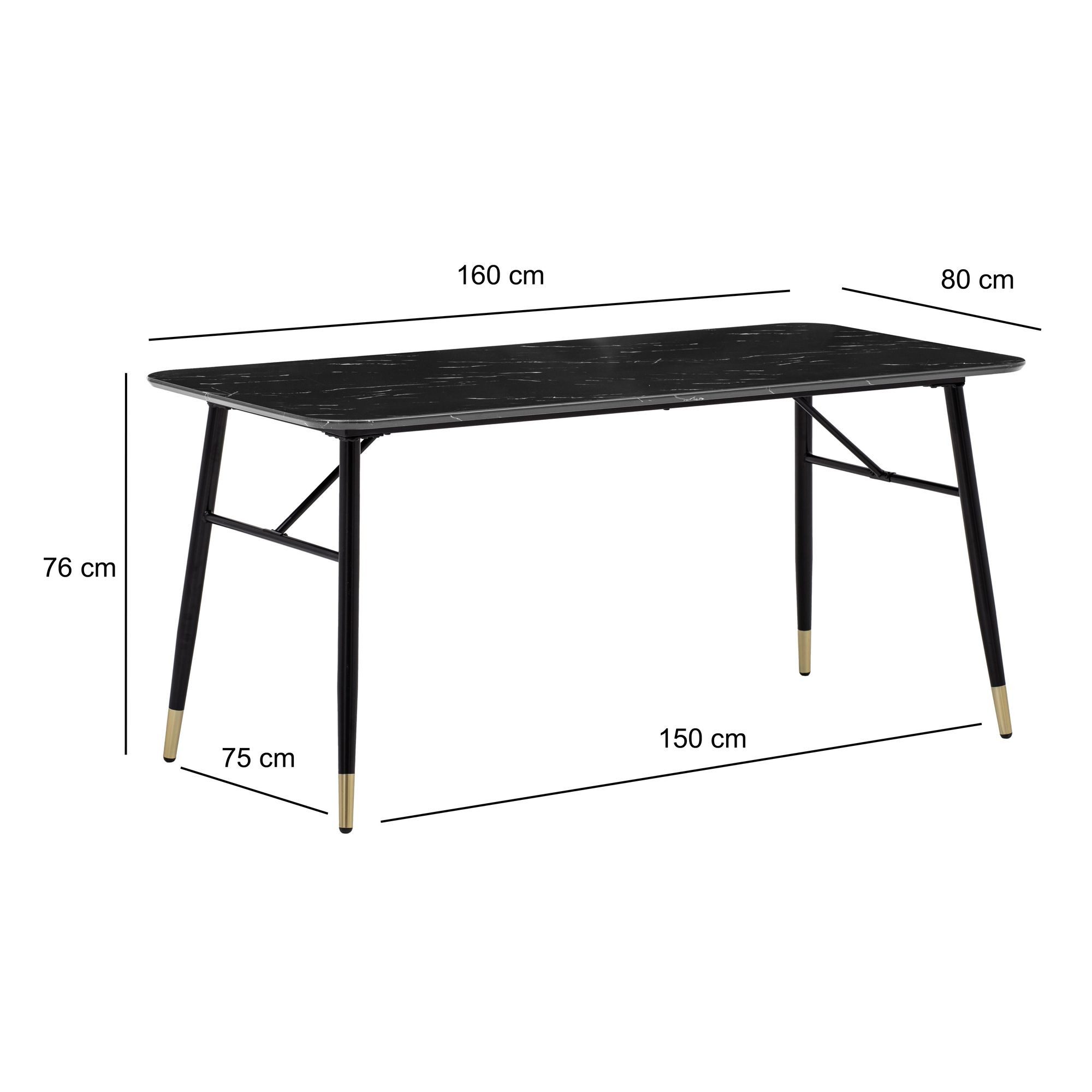 FINEBUY Esstisch FB60656 Esszimmertisch Marmor Optik Schwarz Küchentisch Tisch (Küchentisch, 160x80x76 cm Marmor Optik Schwarz), Speisetisch Esszimmer, Esszimmertisch Metallbeine