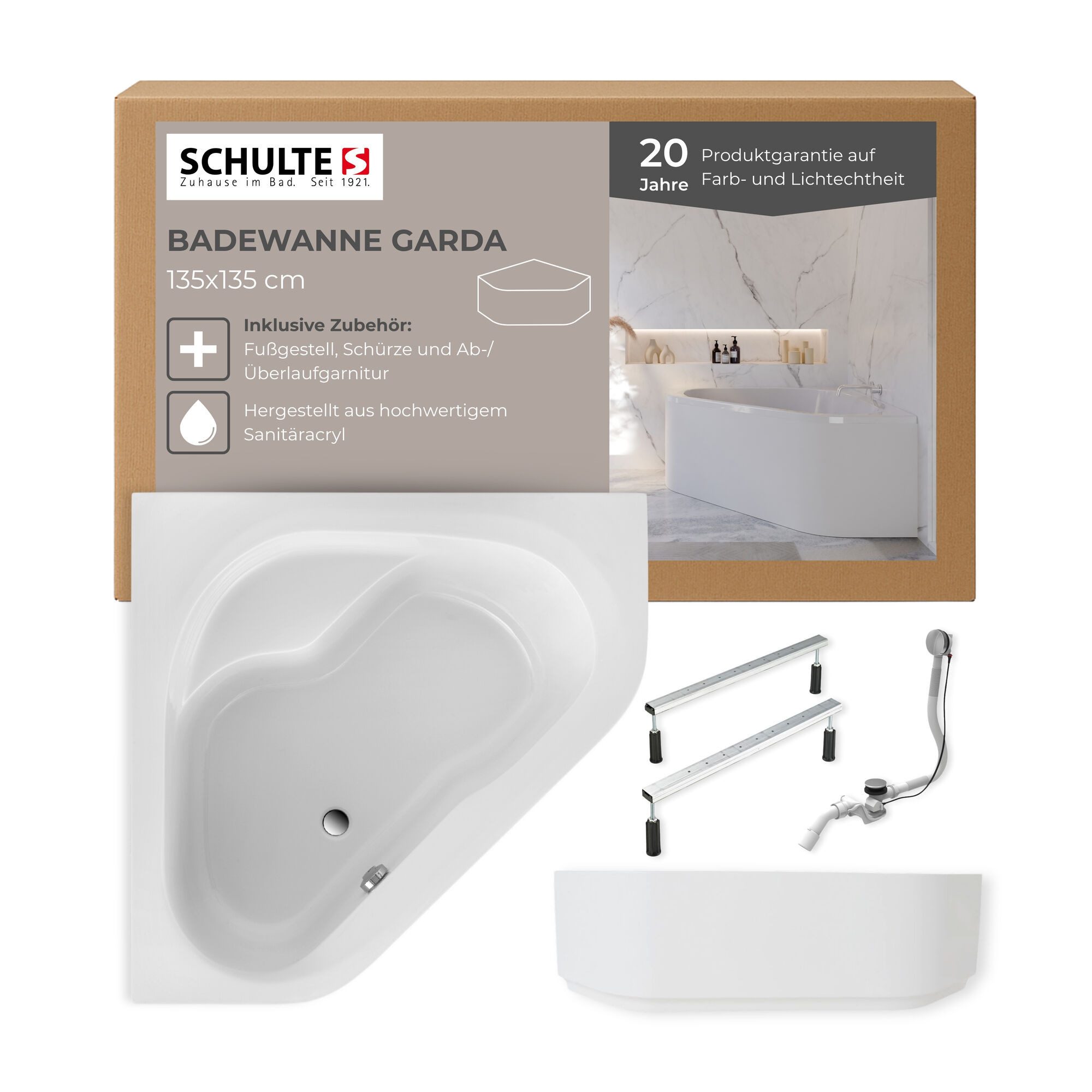 Schulte Eckwanne Garda 135 x 135 cm, Badewanne aus Sanitäracryl, (Komplett-Set), mit Schürze, Fußgestell & Ablauf, Weiß - platzsparend & pflegeleicht