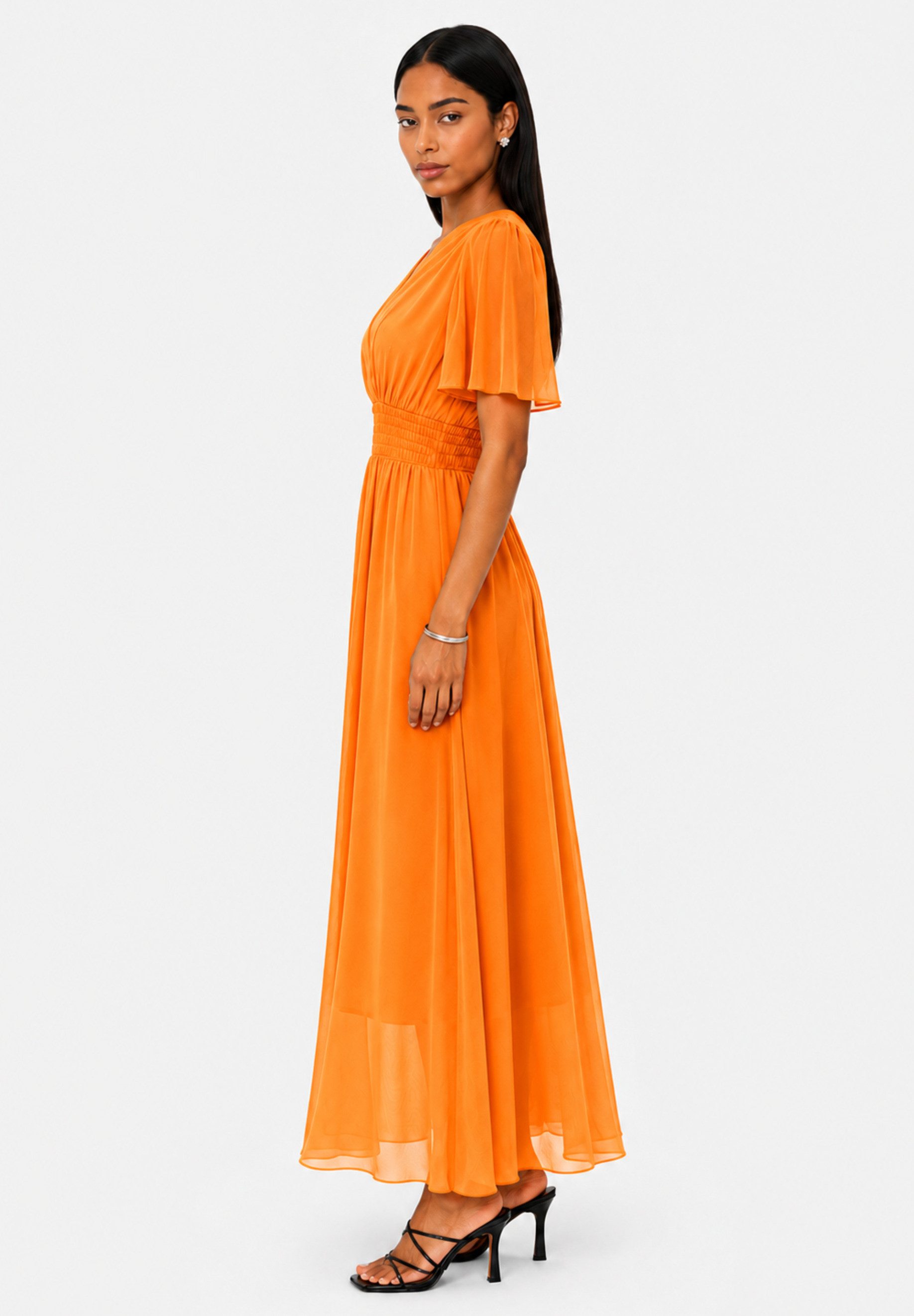 Elara Maxikleid — Damen Sommerkleid mit Wickeloptik, Smoktaille & Flügelärmeln (1-tlg) – Bild 4 von 5