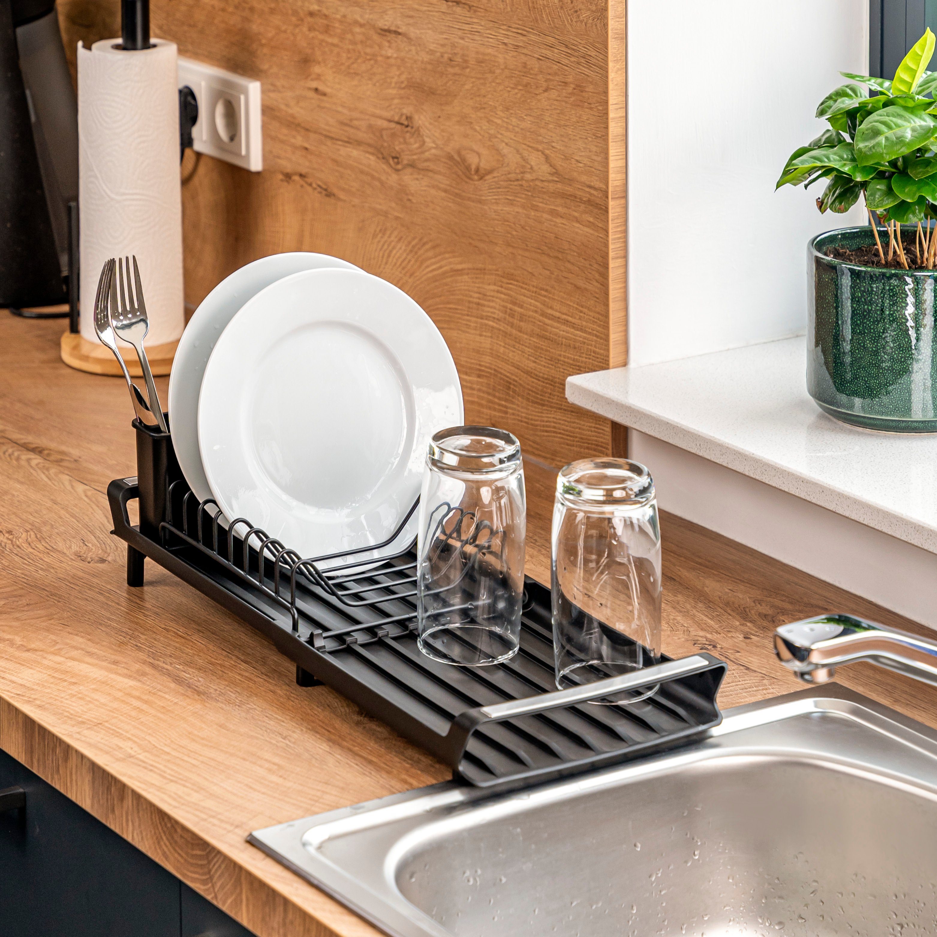 eluno Abtropfwanne Geschirr-Abtropfgestell für 8 Teller, Abtropfständer, ausziehbar