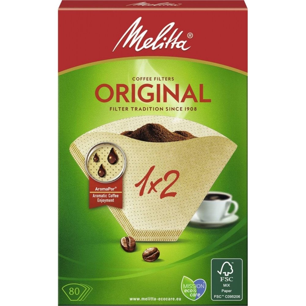Melitta Papierfilter Melitta Filtertüten 1x2 80 Stück - Kaffeefilter., Papier, Zubehör für Für Filtergröße 2 geeignet, Hochwertige Kaffeefilter, 80 Stück pro Packung