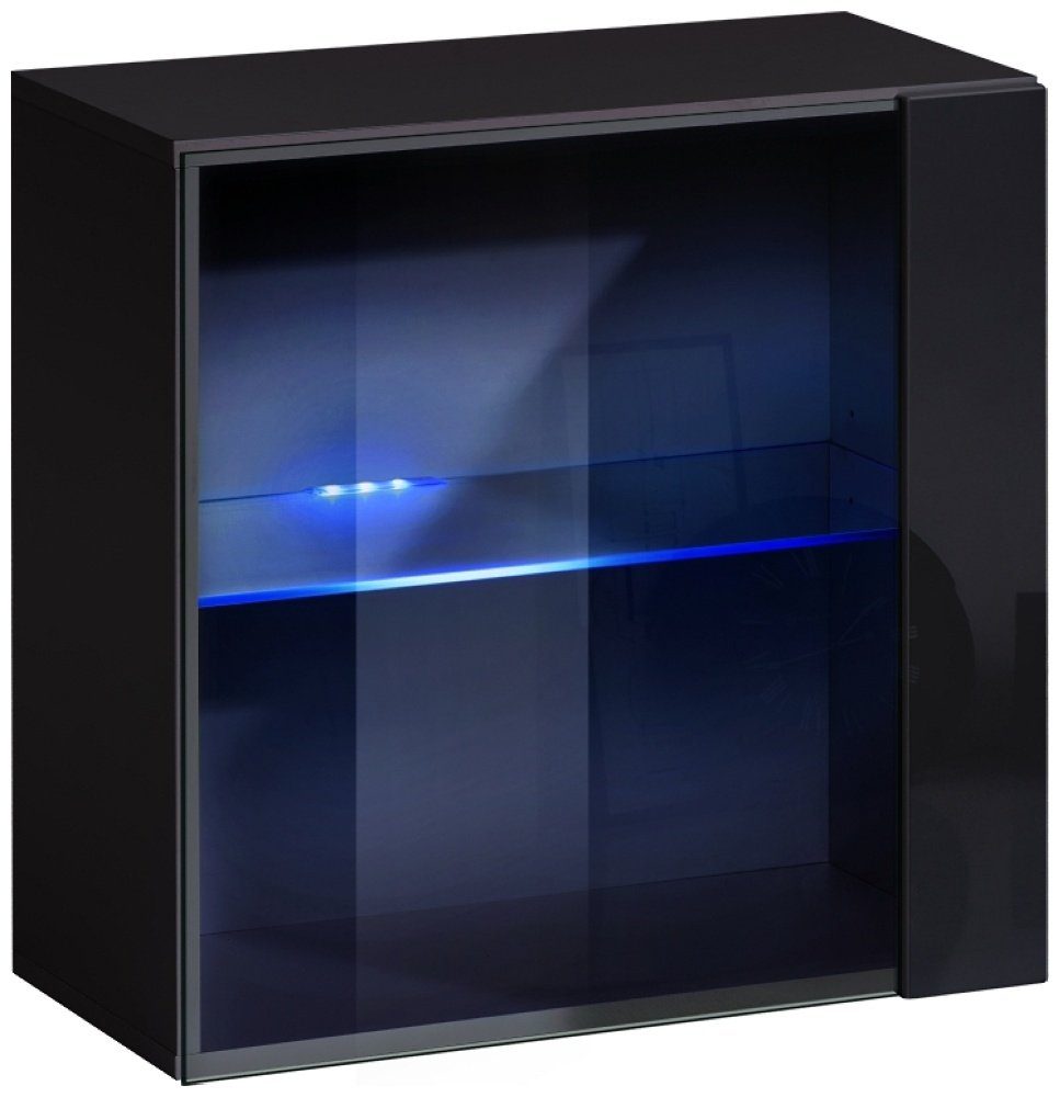 Glaseinlegeboden, Holzwerkstoff Hochglanzfront, Schwarz Modern, LED-Beleuchtung, Wohnmöbel), mit Swotch Stylefy aus Wohnwand inkl. Design WW3 60x60x30 Push-to-Open, Glasvitrine, Glaseinsatz, cm, 1 mit (Hängevitrine,