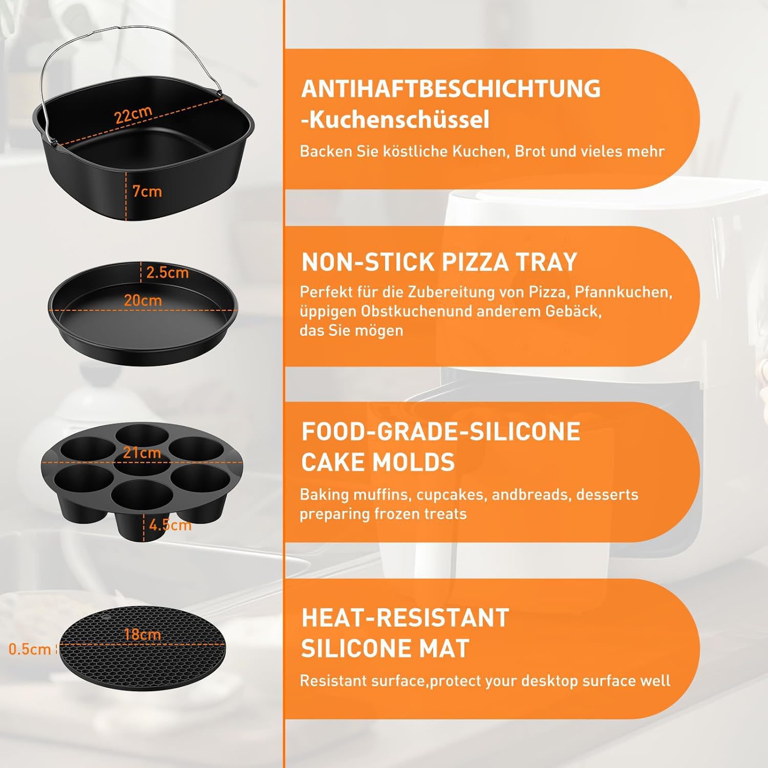 SURFOU Backform Heißluftfritteuse 11-teilig Zubehör Airfryer 304 Edelstahl 5,5L-6,4L, (für Philips Airfryer XXL,Ninja MAX PRO AF180EU Double Stack), Das Rösten von Pommes, Spießen, Gemüse, Kuchen