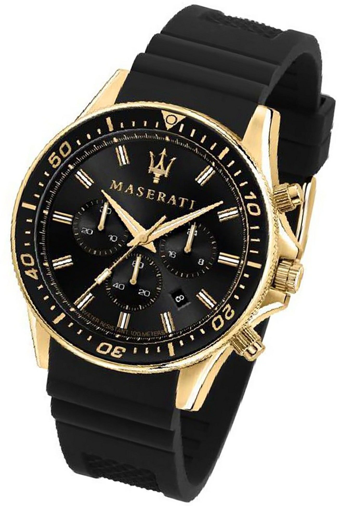 MASERATI Chronograph Maserati Silikon Armband-Uhr, Herrenuhr Silikonarmband, rundes Gehäuse, groß (ca. 44mm) schwarz | Chronographen