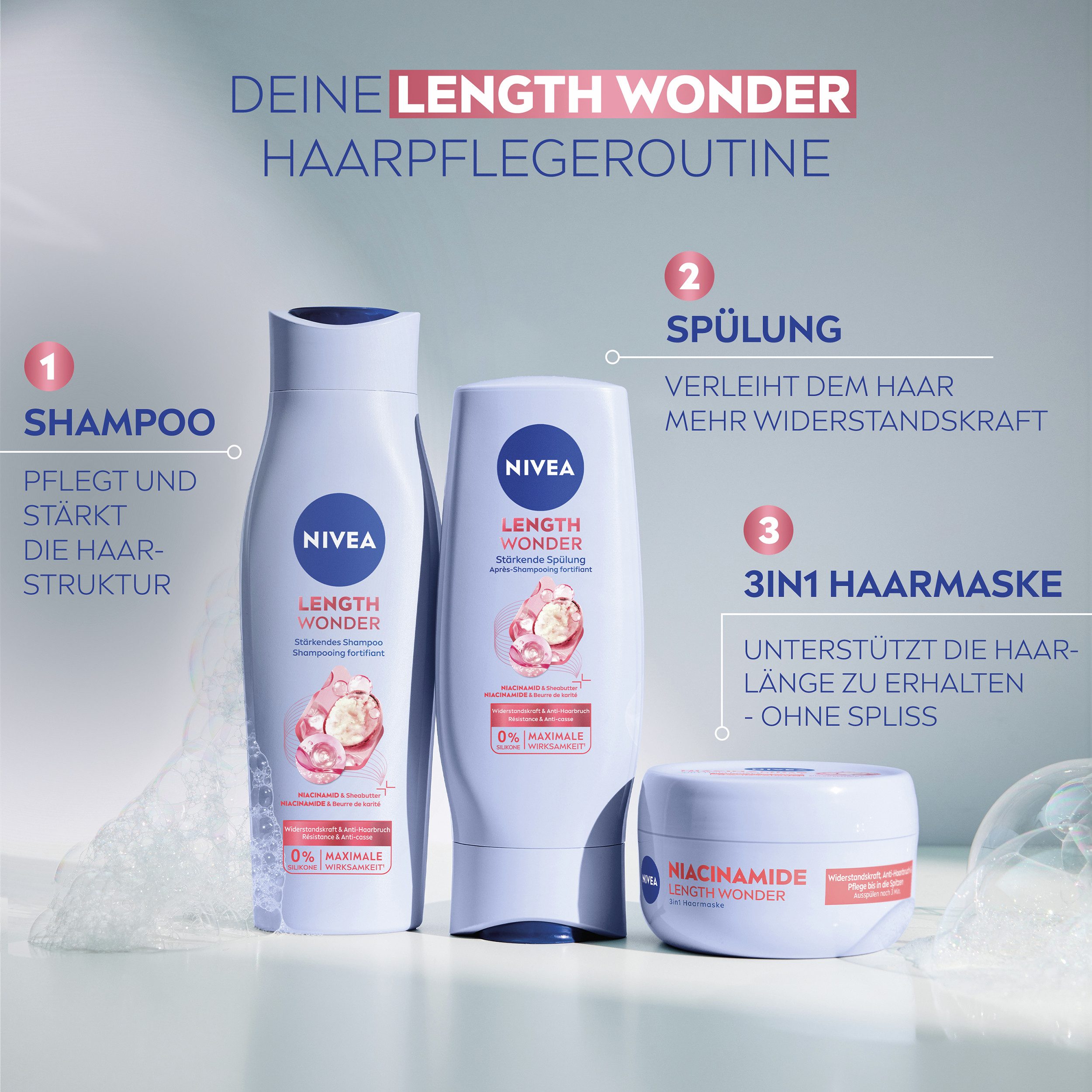 Nivea Haarpflege-Set Length Wonder Shampoo, Spülung, Haarmaske, 3-tlg., Set 3-tlg.