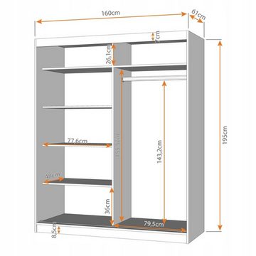 MOEBLO Schiebetürenschrank EVA 05 (Garderobe Schiebtüren Schlafzimmer Wohnzimmerschrank, mit Spiegel, Schwebetürenschrank 2-türig Schrank Kleiderschrank) (B x H x T): 160x195x61 cm