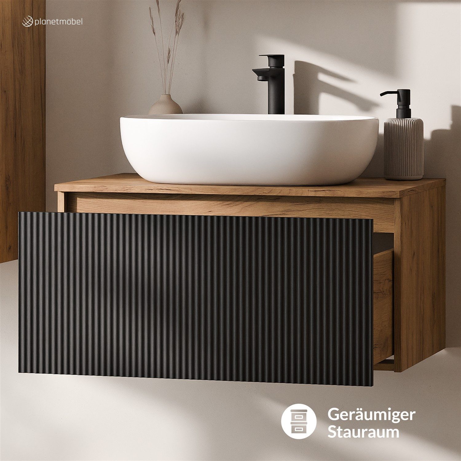 Planetmöbel Waschtisch-Set Arisa 2 teilig, Waschtisch mit Unterschrank 80 cm, Waschbecken 60 cm, (Waschtischunterschrank hängend für Gäste WC & Bad, schwarz geriffelt, Badmöbel Set mit Waschbecken 60 cm weiß), Schublade mit Soft-Close Funktion