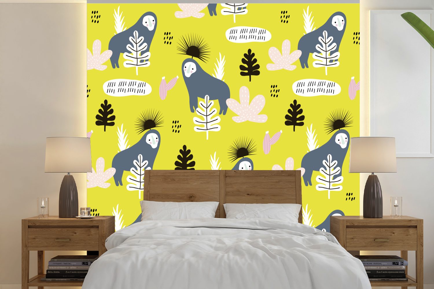 Vinyl Blätter - Schlafzimmer, bedruckt, Fototapete Dschungel St), für Tapete oder Wandtapete - Gelb, Affe MuchoWow Matt, (5 - Wohnzimmer