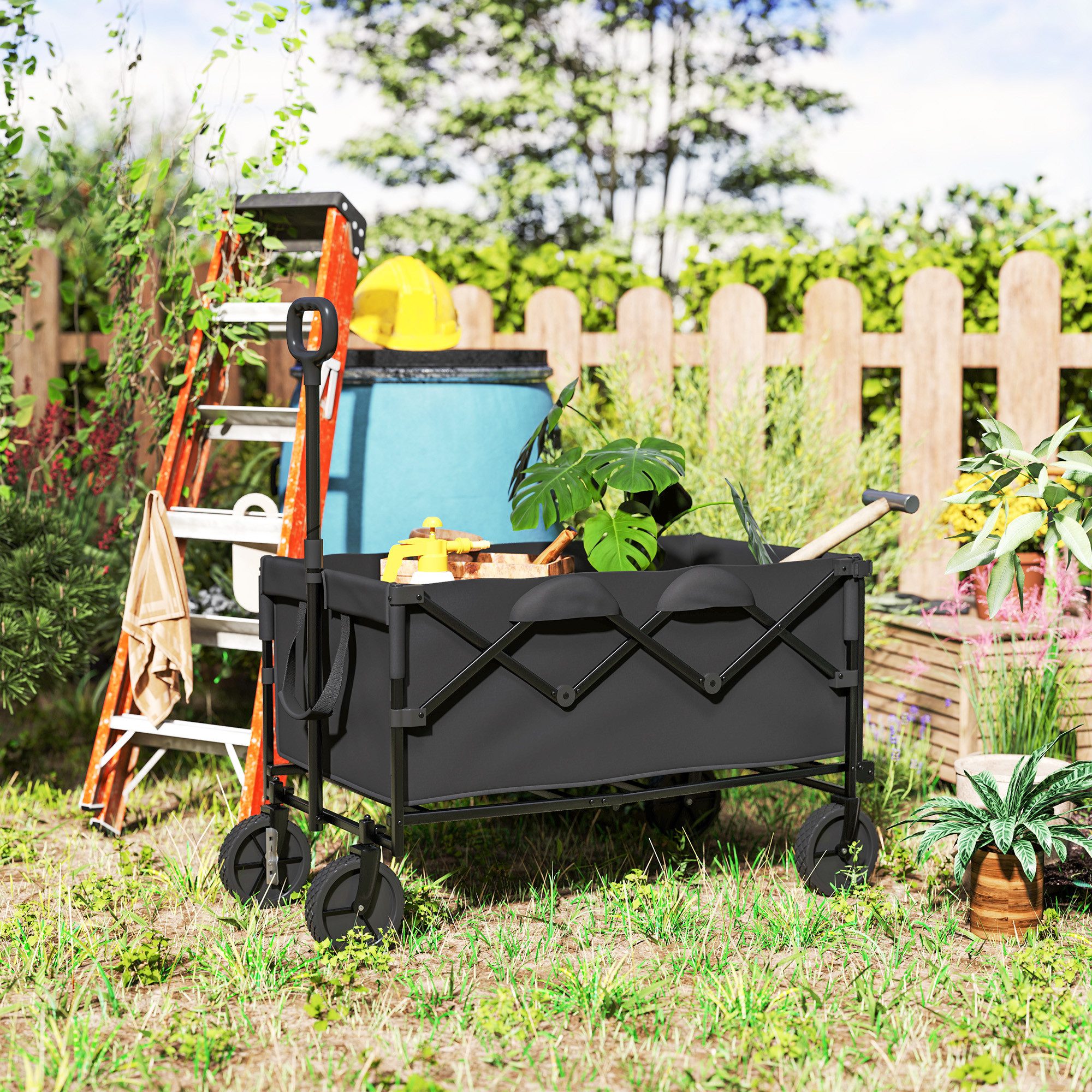 Outsunny Bollerwagen mit herausnehmbare Plane, Griff, Rädern (erweiterter Gartenwagen, 1-tlg., klappbar Transportwagen), 100 kg belastbar, 160 Liter, für Haus, Garten, Schwarz