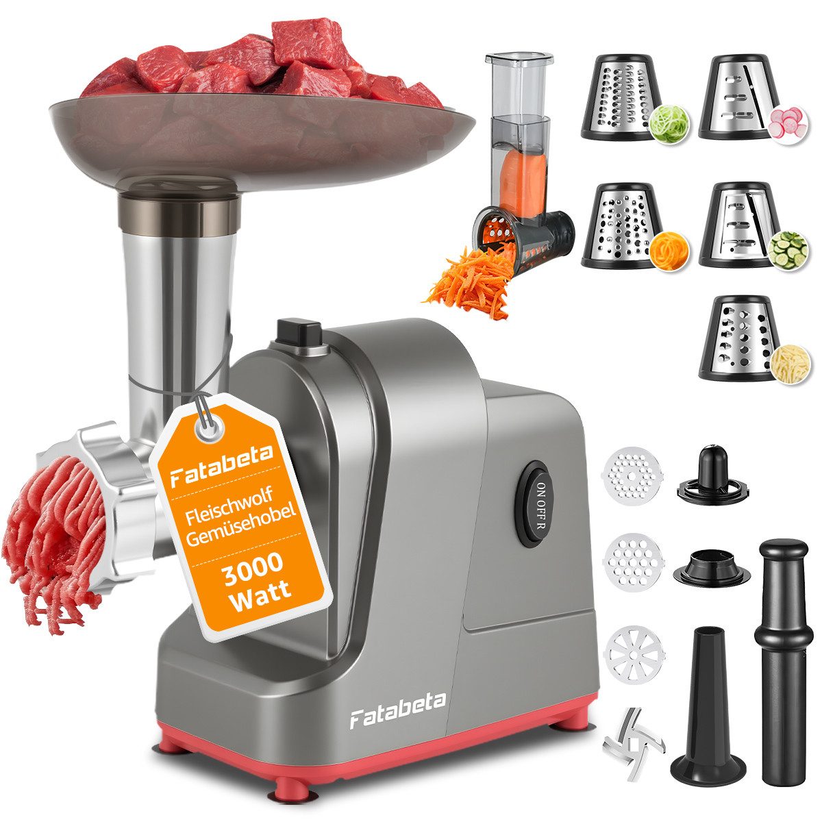 KNKA PRO Fleischwolf 2IN1 Fleischwolf Wurstfüller Gemüseschneider, 3000 W Spitzenleistung, Edelstahl Multifunktionsreibe, Mit 17 Aufsätze