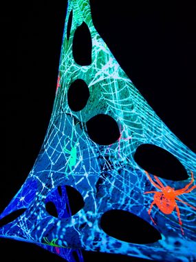 Wandteppich Schwarzlicht Segel Spandex "Holes Neon Halloween Spiderweb", 1,0x1,75m, PSYWORK, UV-aktiv, leuchtet unter Schwarzlicht