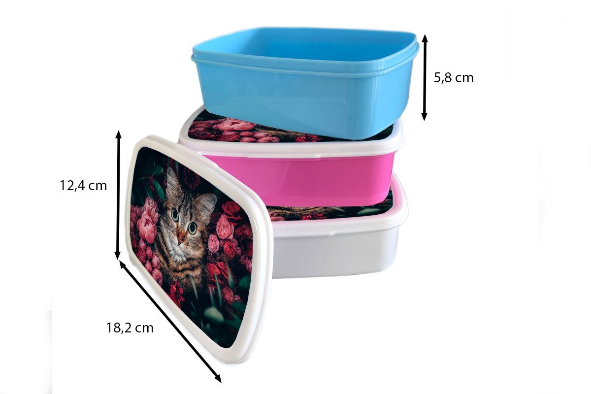 MuchoWow Lunchbox Katze - für Blumen Mädchen, (2-tlg), Brotbox Brotdose Erwachsene, rosa Kunststoff - Kinder, Tiere Snackbox, Botanisch, - Kunststoff