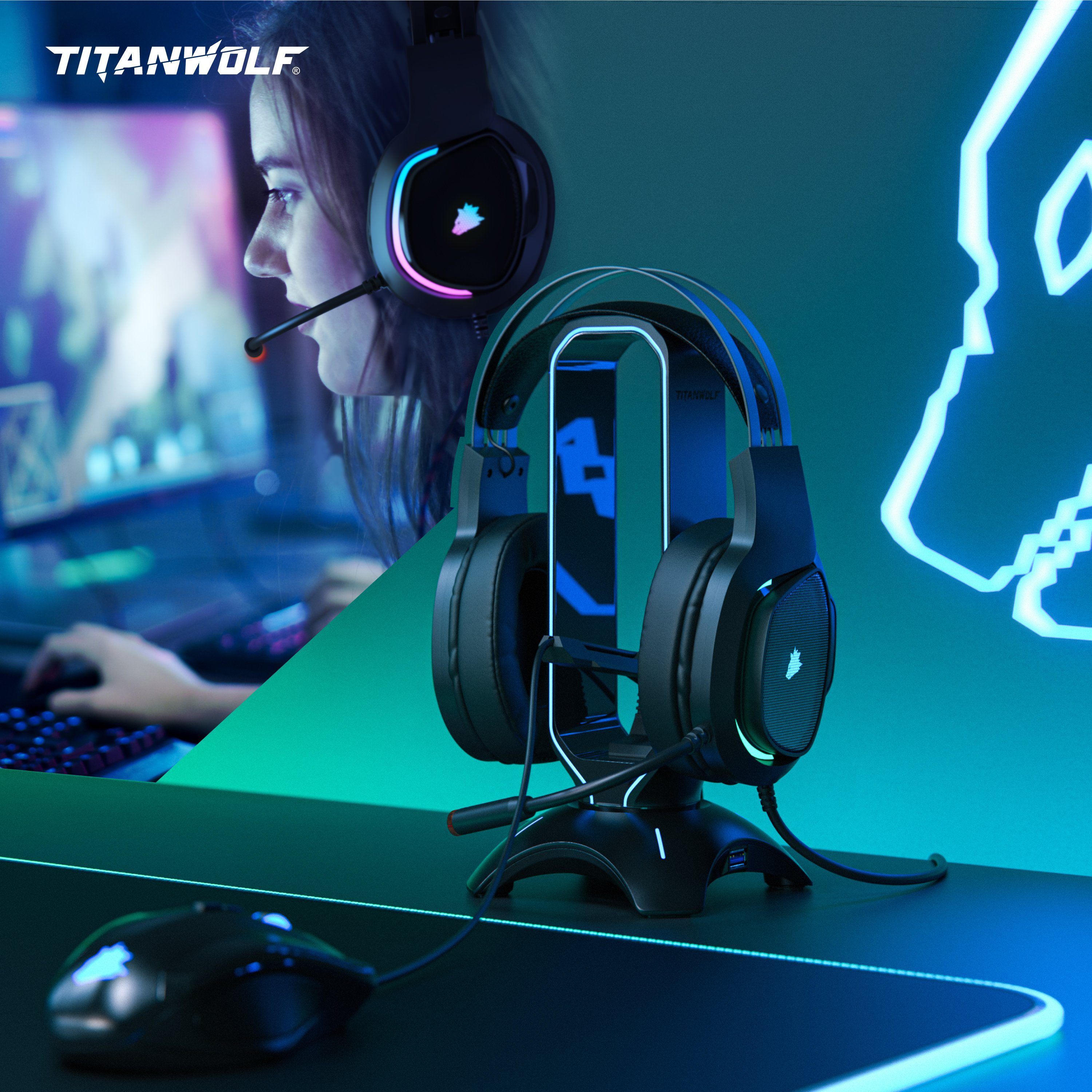 Titanwolf Kopfhörer 7.1 Virtual Surround, LED, RGB Gaming-Headset PS5) PS4 Mikrofon, für (PC